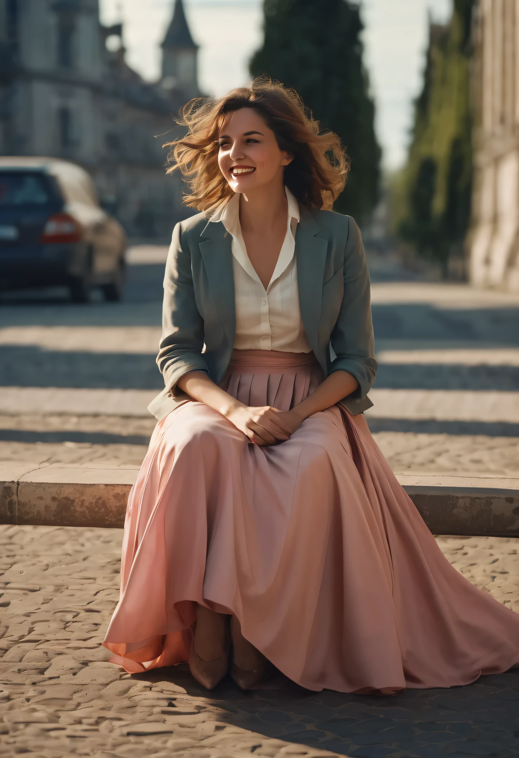 A smiling, authentic, (shy:1,3), kind, beautiful woman, is passionately in love with her skirt, sitting down on the gound while wind lifts her skirt, wearing short blazer and very very detailed (long (fully pleated) full circle skirt) and (low heeled court shoes), very very intricate hyper-detailed symmetric (attractive graceful young feminine face) with (sad, tired eyes and a loving smile), large breasts, full of empathy and compassion and love, (pronounced (feminine) features), (highly detailed ultra accurate realistic) hands and fingers, (windy), epic composition, highly detailed attributes, (35mm f1.4 Kodak portra 400 photograph), extremely high quality RAW photograph, highly detailed atmosphere, sci-fi, cinematic shot, dynamic lighting, 75mm, Technicolor, Panavision, cinemascope, sharp focus, fine details, 8k, HDR, realism, realistic, key visual, film still, superb cinematic color grading, depth of field