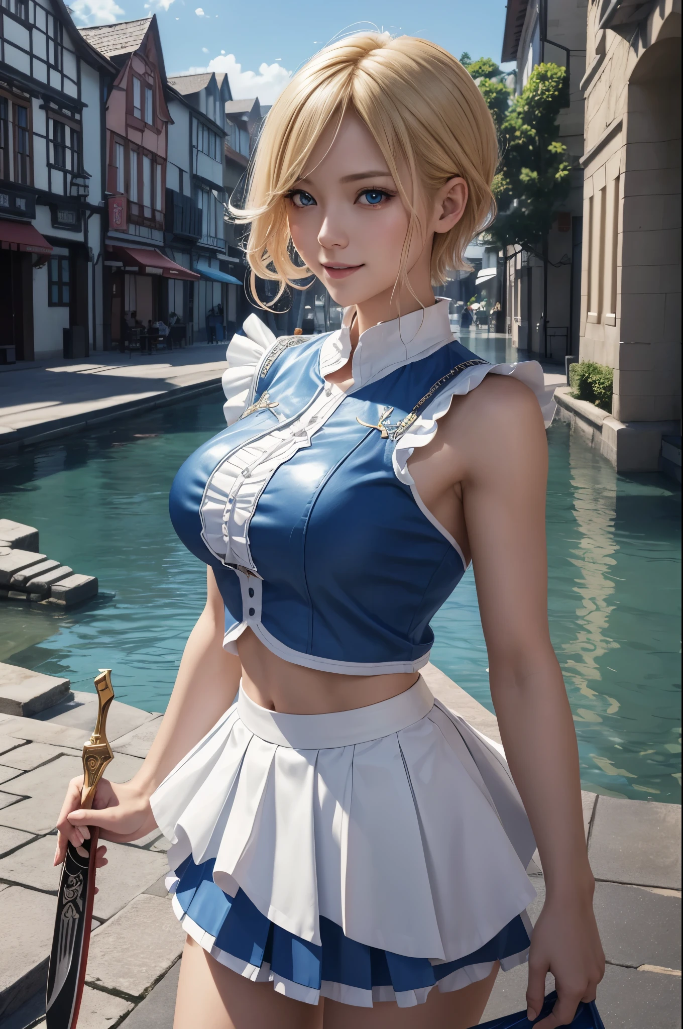 8k、A woman wearing a blue and white カジュアルな服装 is taking the photo.、smooth CG art、glossy white skin、8K high quality detailed art、Photorealistic anime girl rendering、fan art best art station、The character is in a natural pose、Beautiful and attractive receptionist woman、エレガントなlaughterのポーズ、smooth digital concept art、highly detailed characters、white shiny skacy art,character art、blonde short perm hair、slim muscular body、red and white ruffle skirt、Gari macho、超A high resolution、surreal、split blue eyes,Sexy,laughter,I have a fancy knife,masterpiece,Photorealistic RAW photos of the highest quality。Backlight, cinematic lighting, film grain, to be born, 50mm lens, Nikon D850,realistic skin,fantasy art,character art,ultra high resolution,muscular slim body,Muscular thin lower body,Stroll through the medieval town,In front of the big fountain,