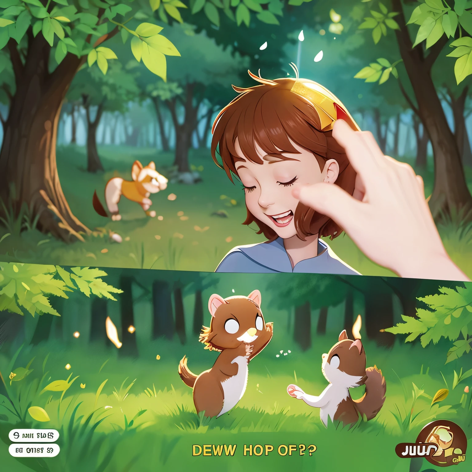 Panel 1: Draw Sally happily gathering acorns in the forest. Show her surrounded by trees and scattered acorns on the ground. You can add a speech bubble with the text "La la la, just another day in the forest!" coming from Sally.Panel 2: Illustrate Sally spotting the shiny object. Draw her curious expression as she peers at the object. You can make the shiny object stand out by adding sparkle effects around it.Panel 3: Show Sally's excitement as she discovers the lost bracelet hidden among the leaves. Draw her holding the bracelet up with a surprised expression on her face.Panel 4: Write the text "Join Sally the Squirrel on her exciting adventures in the forest!" in a text box below the panels.