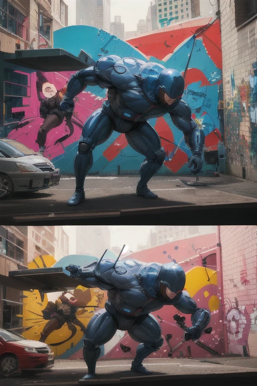 best quality,4k,highres,ultra-detailed,realistic,comic-style,pop art,street art,graffiti, colorful, vibrant, dynamic, expressive, detailed characters, dynamic poses, bold lines, vibrant colors, urban environment, spray paint effect, comic book aesthetic, action-packed scenes, visually striking, urban culture, youthful energy, cityscape, graffiti-covered walls, edgy, stylized, urban characters, larger-than-life figures, comic book heroes and villains, graphic storytelling, exaggerated facial expressions, speech bubbles, dynamic composition, visually immersive, high contrast, visually captivating, visually stunning, visually engaging