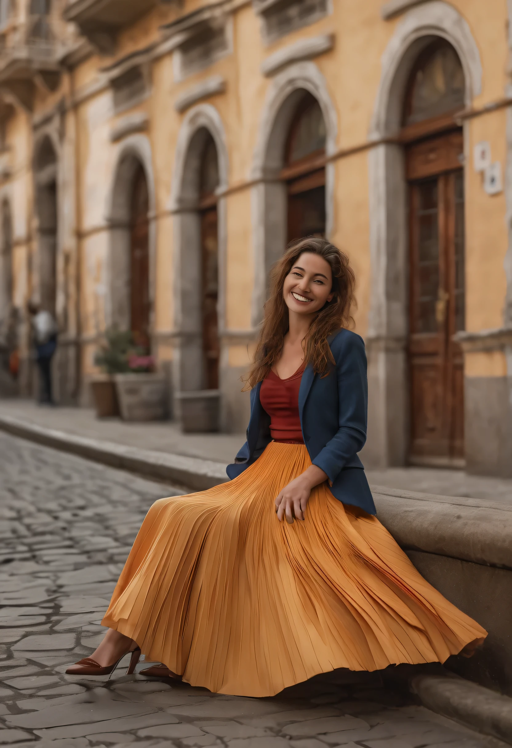 A smiling, authentic, (shy:1,3), kind, beautiful woman, is passionately in love with her skirt, sitting down on the gound while wind lifts her skirt, wearing short blazer and very very detailed (long (fully pleated) full circle skirt) and (low heeled court shoes), very very intricate hyper-detailed symmetric (attractive graceful young feminine face) with (sad, tired eyes and a loving smile), large breasts, full of empathy and compassion and love, (pronounced (feminine) features), (highly detailed ultra accurate realistic) hands and fingers, (windy), epic composition, highly detailed attributes, (35mm f1.4 Kodak portra 400 photograph), extremely high quality RAW photograph, highly detailed atmosphere, sci-fi, cinematic shot, dynamic lighting, 75mm, Technicolor, Panavision, cinemascope, sharp focus, fine details, 8k, HDR, realism, realistic, key visual, film still, superb cinematic color grading, depth of field