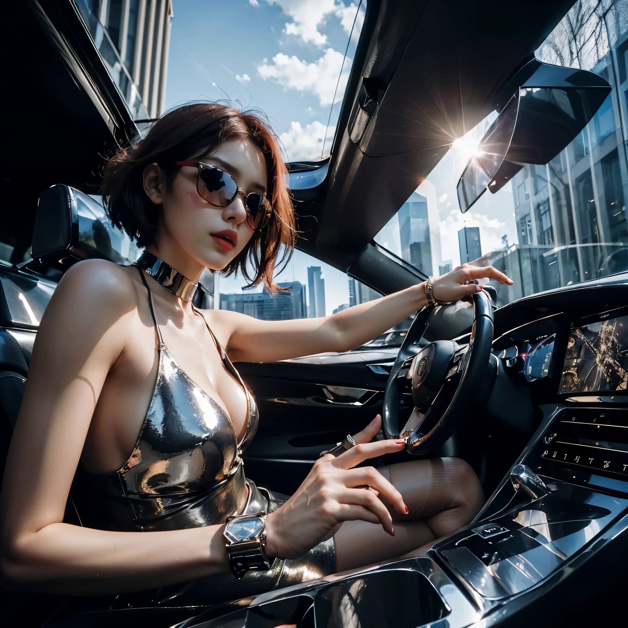 (((fingers correction, perfect fingers anatomy))) ((More moist skin)) (sophisticated metropolis building achitecture)((detail stylish red lens sunglasses & stylish frame)) ((red short hair)) (beauty korean Girl)
