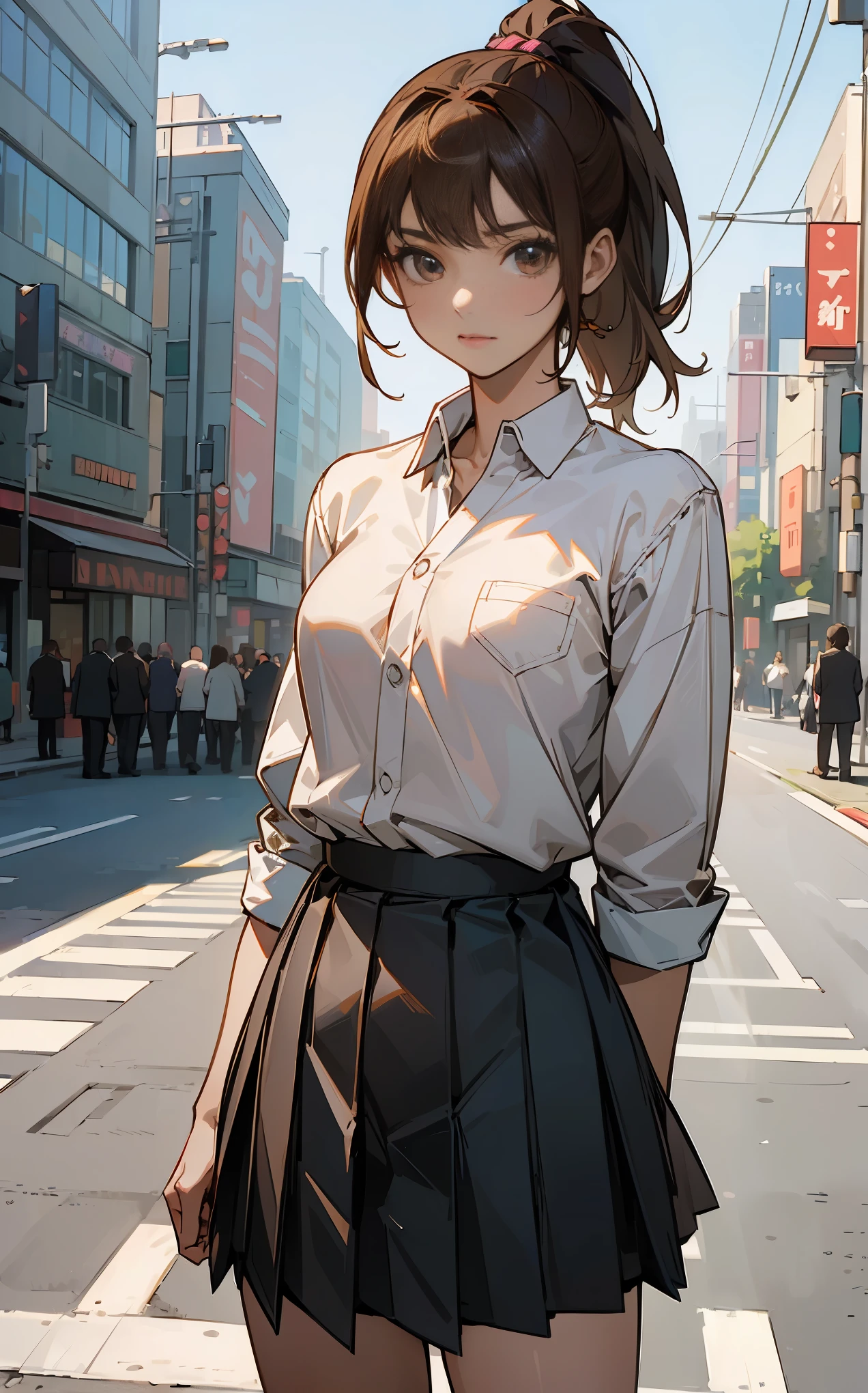(((Masterpiece))), (((Best Quality))),Ultra High Resolution, Caustics, Detailed, (Beautiful Detailed Eyes),Perfect Anatomy,nsfw, solo,cowboy shot,20 year old beauty,slender body,toned body,oily skin, gleaming skin,shiny skin,medium breasts,brown eyes,(ponytail),medium hair,brown hair,School uniform、pleated mini skirt、bustling street、congestion、A large number of passers-by、Tokyo