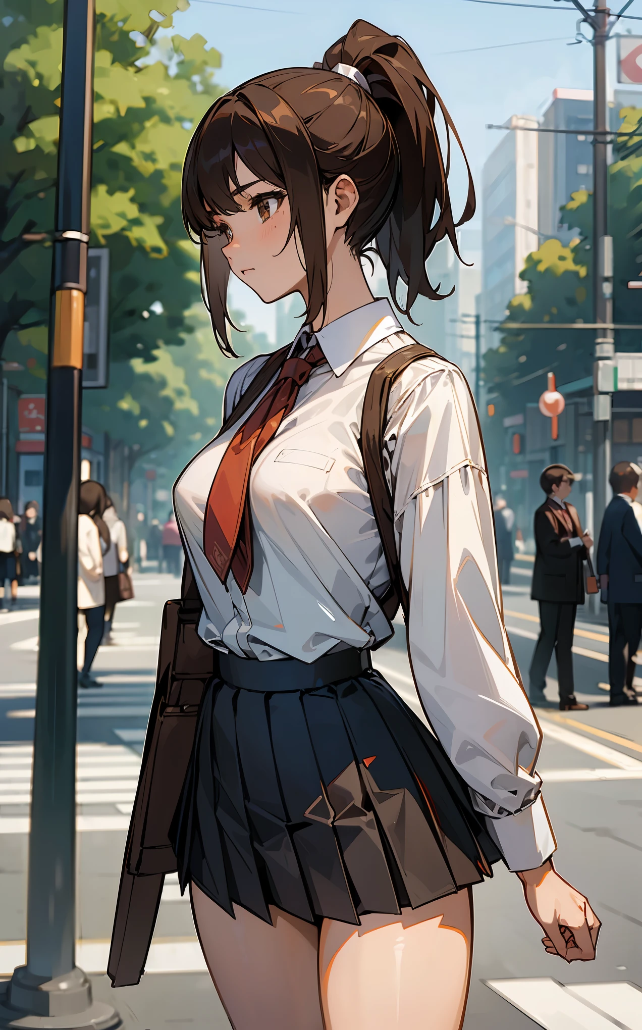(((Masterpiece))), (((Best Quality))),Ultra High Resolution, Caustics, Detailed, (Beautiful Detailed Eyes),Perfect Anatomy,nsfw, solo,cowboy shot,20 year old beauty,slender body,toned body,oily skin, gleaming skin,shiny skin,medium breasts,brown eyes,sad,(ponytail),medium hair,brown hair,School uniform、pleated mini skirt、bustling street、congestion、A large number of passers-by、Tokyo