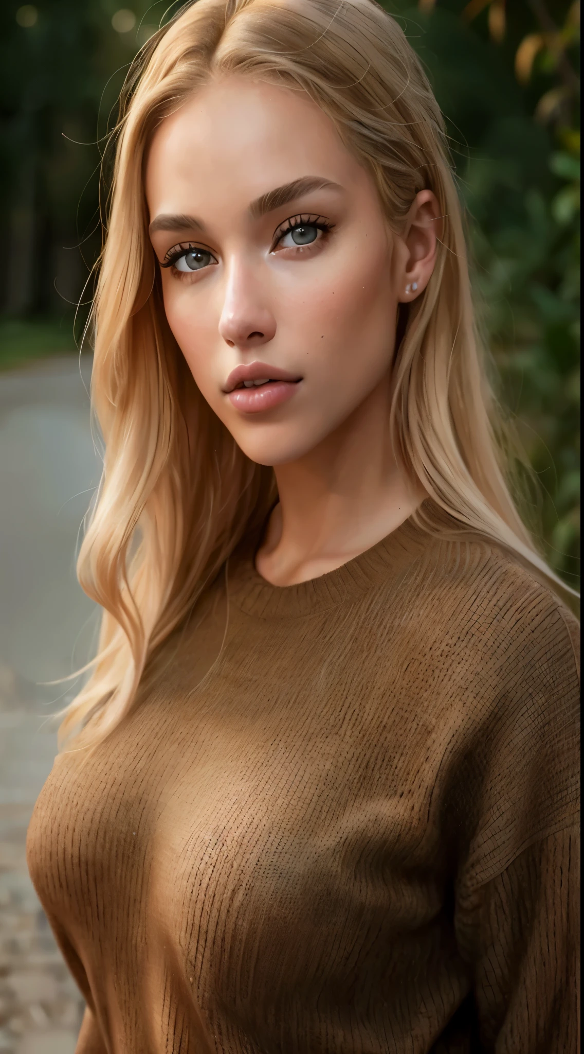 A close-up of a woman with long blonde hair wearing a brown sweater, linda garota loira, Linda modelo joven, modelo muito lindo,  loira, Retrato de Sophie Mudd, Linda modelo, Linda jovem, Linda modelo de , Linda modelo femenina, brown sweater, Mulher jovem muito bonita, linda joven, linda joven, rosto extremamente lindo, uma linda loira