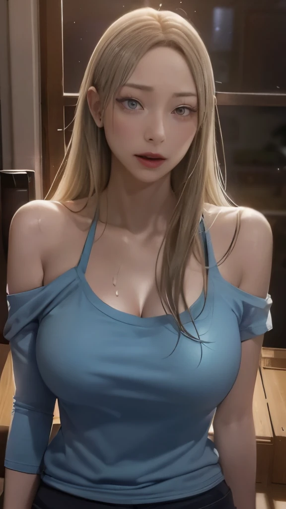 perfect human body、(cowboy shot),1 girl、software, ((realistic)), (highly detailed background、Welcome from the apartment door、visit、深nightのvisit), ((Ripped oversized long T-shirt、My shoulders were sticking out of my disheveled shirt..)), ((Sweat,vapor)), Wet, big breasts、(face turns red、orgasm:1.2), (character:ichinose asuna, blue archive), pitch black room、pale light、grayscale、bass、night、nightの表現、drunk girl、defenseless woman、