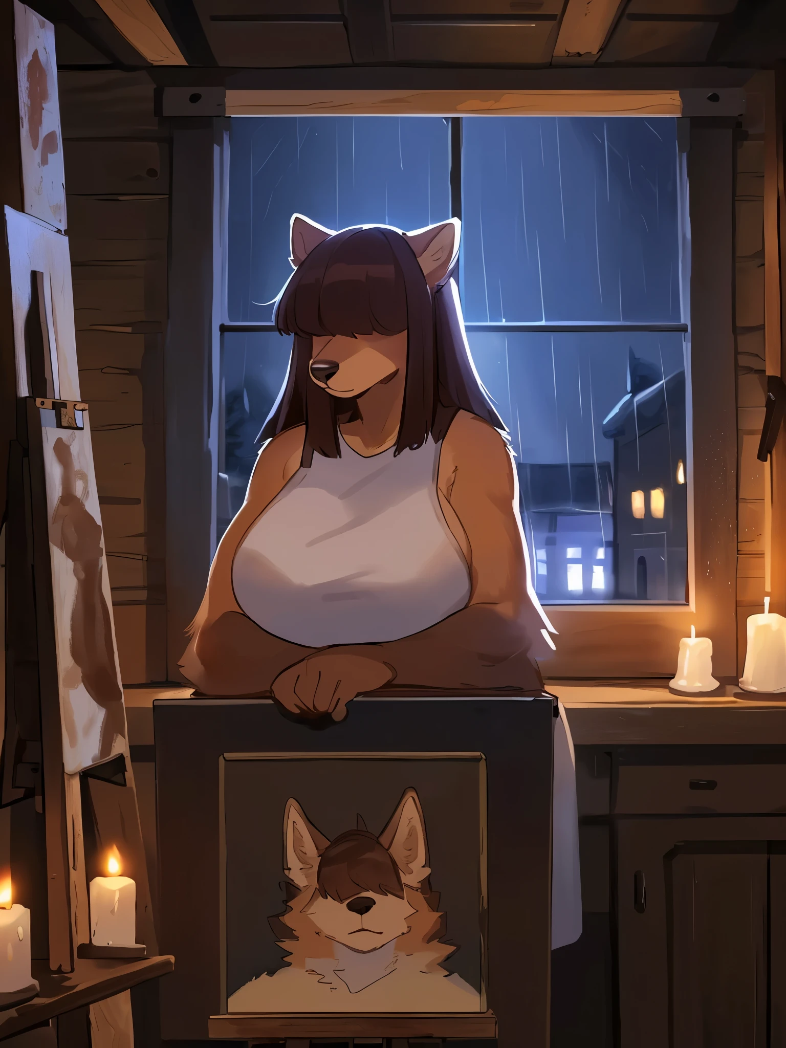 By bebebebebe, by lostgoose, by goonie-san, female, ((canine, snout, hair covering eyes, straight hair, medium hair, flat hair, ears, thin snout)), brown fur, big poofy tail, raised tail, dark maroon hair, ((muscular)), (big breasts), solo, sitting, (((painting on a canvas, painting on an easel, woman painting))), ((dark room, dark lighting, in the attic, rain hitting the window, night time, candlelight))