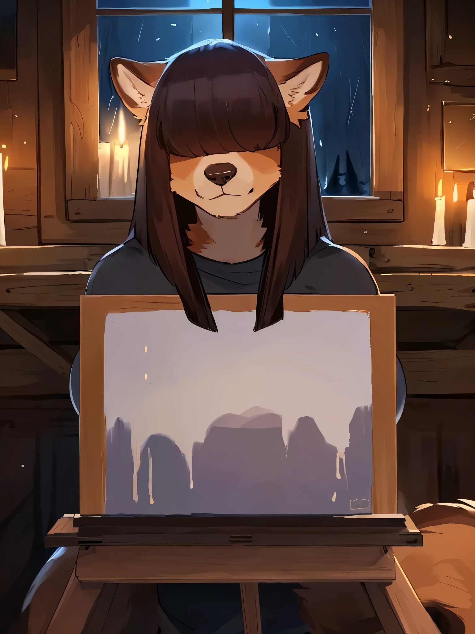By bebebebebe, by lostgoose, by goonie-san, female, ((canine, snout, hair covering eyes, straight hair, medium hair, flat hair, ears, thin snout)), brown fur, big poofy tail, raised tail, dark maroon hair, ((muscular)), (big breasts), solo, sitting, (((painting on a canvas, painting on an easel, woman painting))), ((dark room, dark lighting, in the attic, rain hitting the window, night time, candlelight))