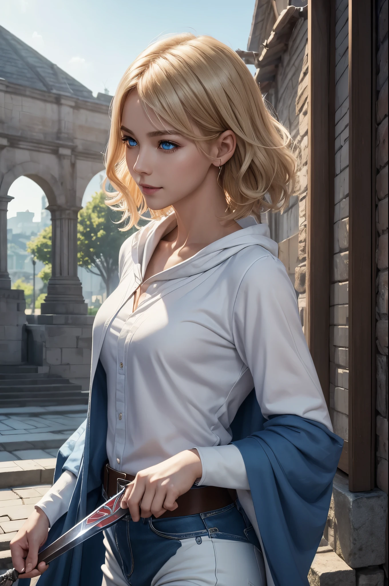 8k、A woman wearing a blue and white pink casual outfit is taking the photo.、smooth CG art、glossy white skin、8K high quality detailed art、Photorealistic anime girl rendering、fan art best art station、The character is in a natural pose、Beautiful and attractive receptionist woman、エレガントなlaughterのポーズ、smooth digital concept art、highly detailed characters、white shiny skacy art,character art、blonde short perm hair、slim muscular body、red and black jeans、Gari macho、超A high resolution、surreal、split blue eyes,Sexy,laughter,I have a fancy knife,masterpiece,Photorealistic RAW photos of the highest quality。Backlight, cinematic lighting, film grain, to be born, 50mm lens, Nikon D850,realistic skin,fantasy art,character art,ultra high resolution,muscular slim body,Muscular thin lower body,Stroll through the medieval town,In front of the big fountain,