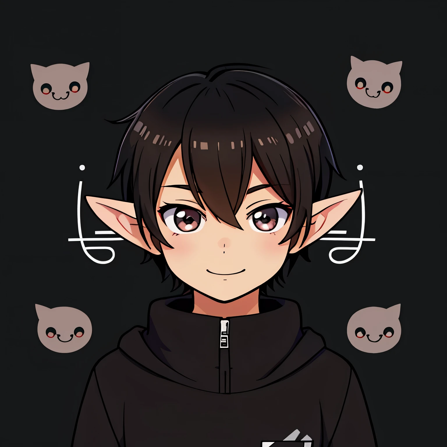 Anime character, kawaii style, male, elf, short black hair, dark brown eyes, sweet smile, wearing black sweatshirt jacket, just face and chest. White background, 1080 x 1080 resolution.