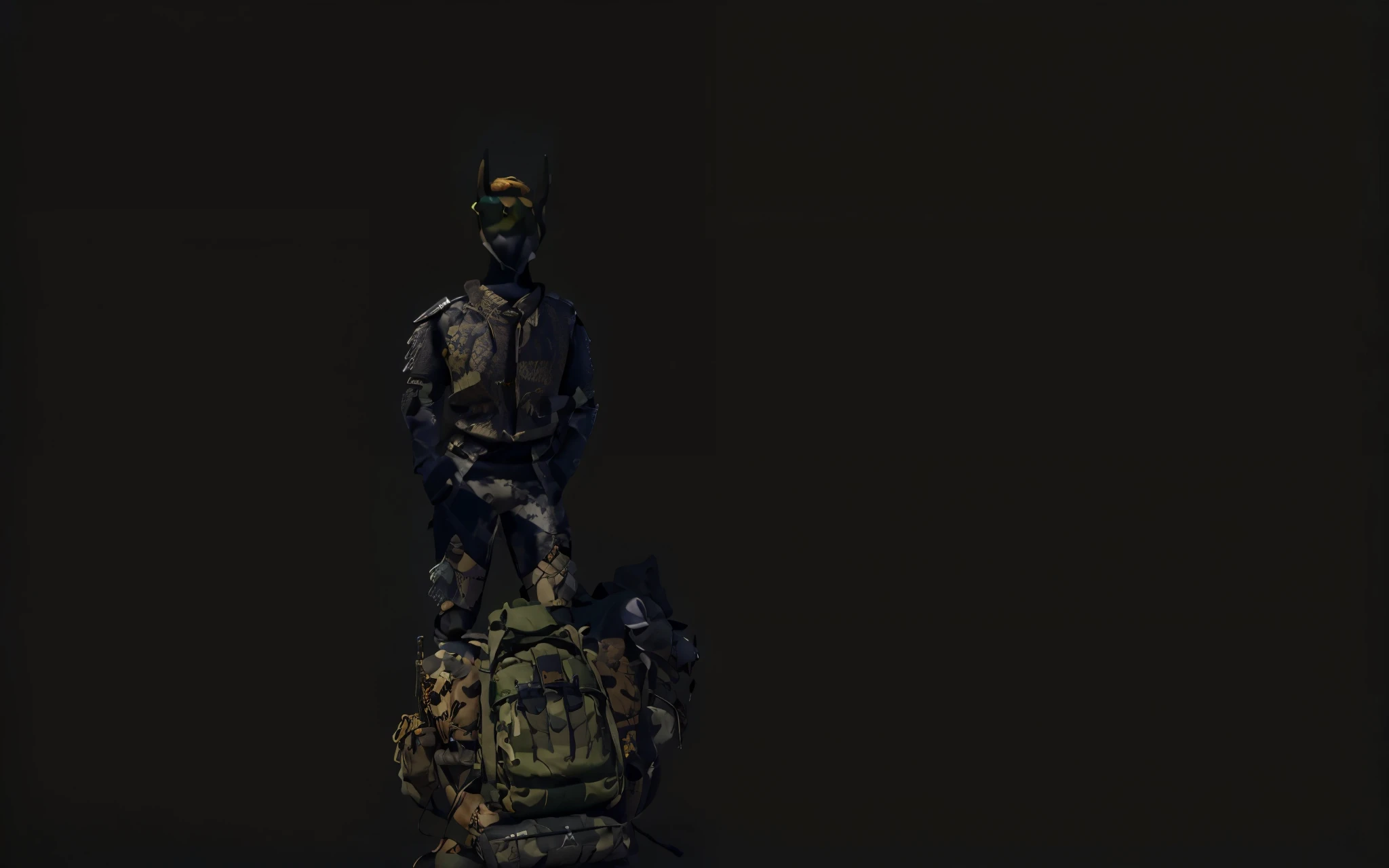 (photo realistic anthropomorphic male doberman in camouflage standing at parade rest with rucksacks around him), male doberman soldier, blank background, hyper realistic anthro dog soldier, 1:1 anthro doberman marine, rucksacks in front of and beside a dog soldier