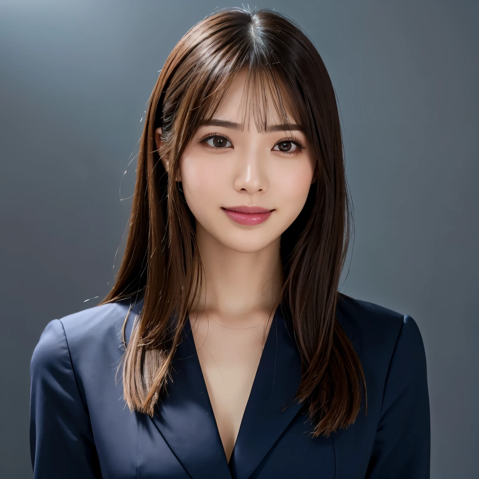 (highest quality、table top、8k、best image quality、Award-winning work)、1 beautiful woman、(straight medium hair:1.1)、(wearing a dark navy business suit:1.3)、(perfect and precise business suit:1.3)、(The most natural and accurate office suit:1.3)、(polyester shirt:1.1)、look at me and smile、very big breasts、emphasize body line、(Enlarged view of face 1.2)、(A woman perfectly positioned in the center of the screen:1.1)、(Fix the composition in front:1.3)、elegant makeup、Ultra high definition beauty face、ultra high definition hair、Super high-definition sparkling eyes、Super high resolution glossy lips、accurate anatomy、very beautiful skin、Super high-definition glowing beautiful skin、(solid blue background:1.2)、(The most elegant and perfect upright posture:1.2)、(most formal photos:1.1)