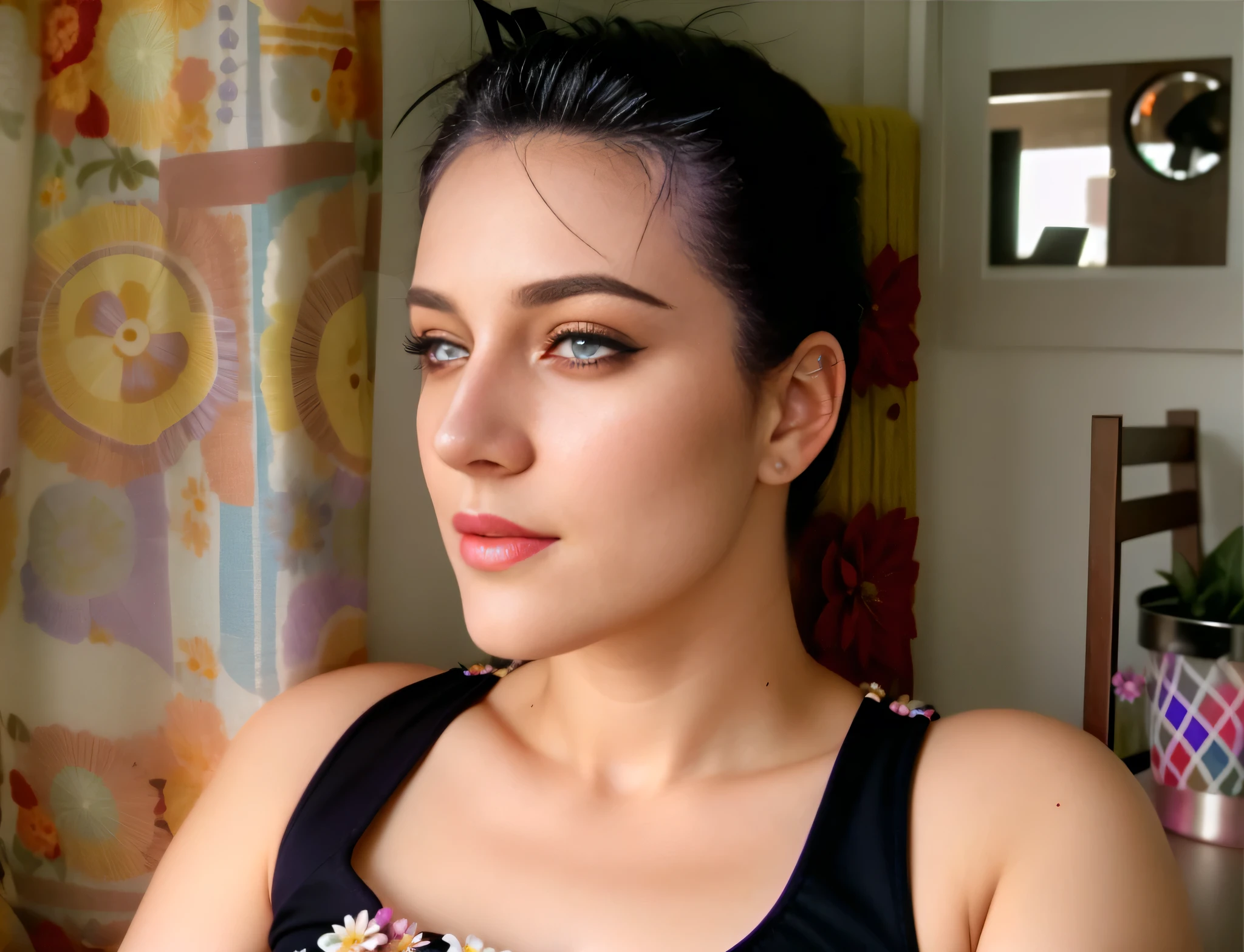 Realista, 1 garota, cabelo branco, olhos roxos, olhos brilhantes, corte superior, saia, parted lips, corar, noite, flores, sol, sollight,