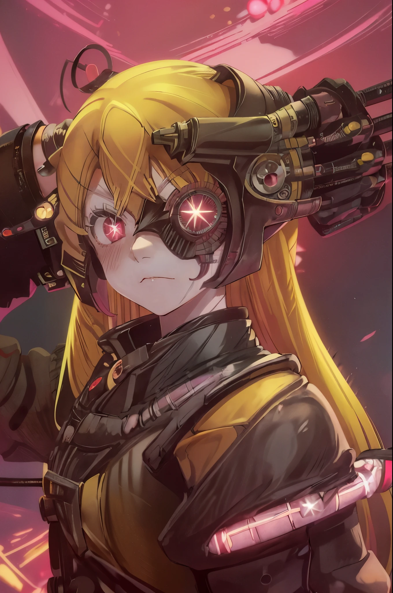 ruby hoshino, (yellow hair:1.5), long hair, one side up, (pink eyes:1.5), sidelocks, (star-shaped pupils:1.5), (symbol-shaped pupils:1.5), (mismatched pupils:1.5), borg cyborg bald gray skin veins metal armor cable eyepatch deadpan expression