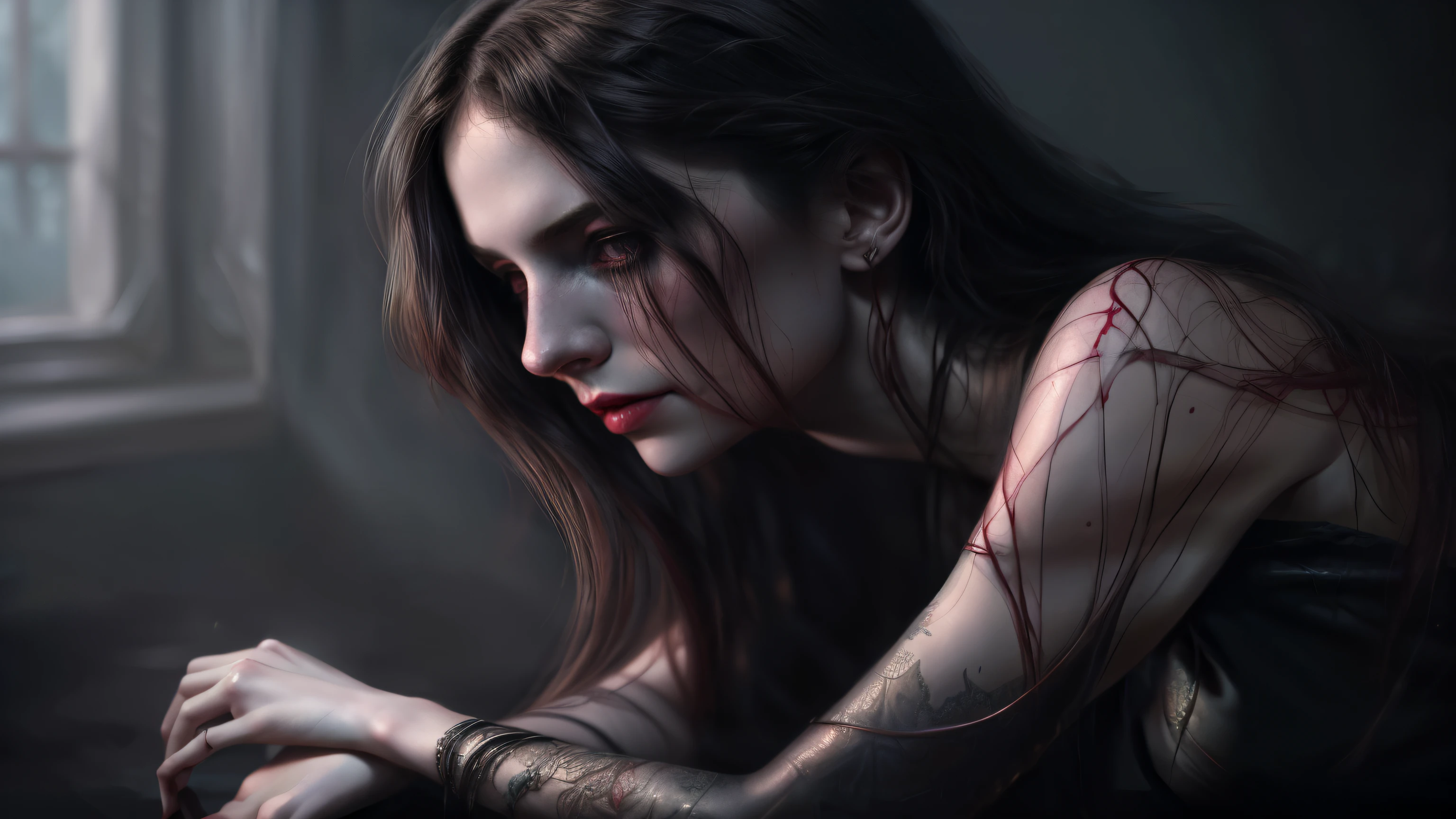 (masterpiece, best quality, ultra-detailed, highres, best illustration 8k) a woman with blood on her arm and arm around her neck, dark fantasy style art, dark fantasy art, style of charlie bowater, charlie bowater art style, charlie bowater character art, dark fantasy horror art, dark fantasy mixed with realism, neoartcore and charlie bowater, dark but detailed digital art, fantasy dark art, charlie bowater rich deep colors