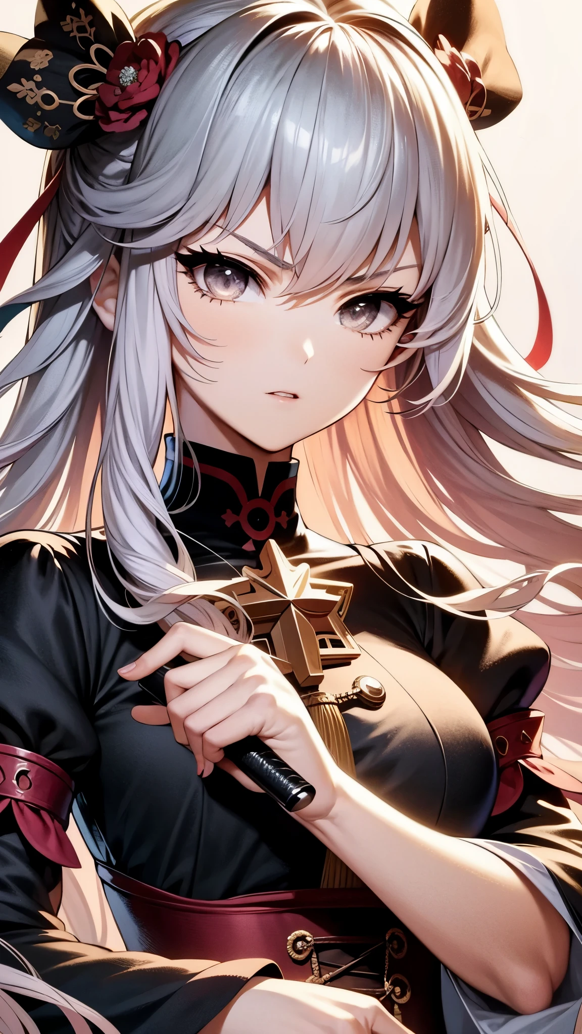 a close up of a girl with long hair wearing a breast open black and red top, anime moe artstyle, shikamimi, anime visual of a cute girl, anime waifu, , anime princess, kawaii realistic portrait, ayaka genshin impact, as an anime character, beautiful anime style, high quality anime artstyle, anime style portrait, anime style like fate/stay night, holding sword, white hair, ready for fight, brown eyes, vampire teeth, vampire, night, stars, black and red dress, serious stare, brown eyes, brown eyes, brown eyes, 