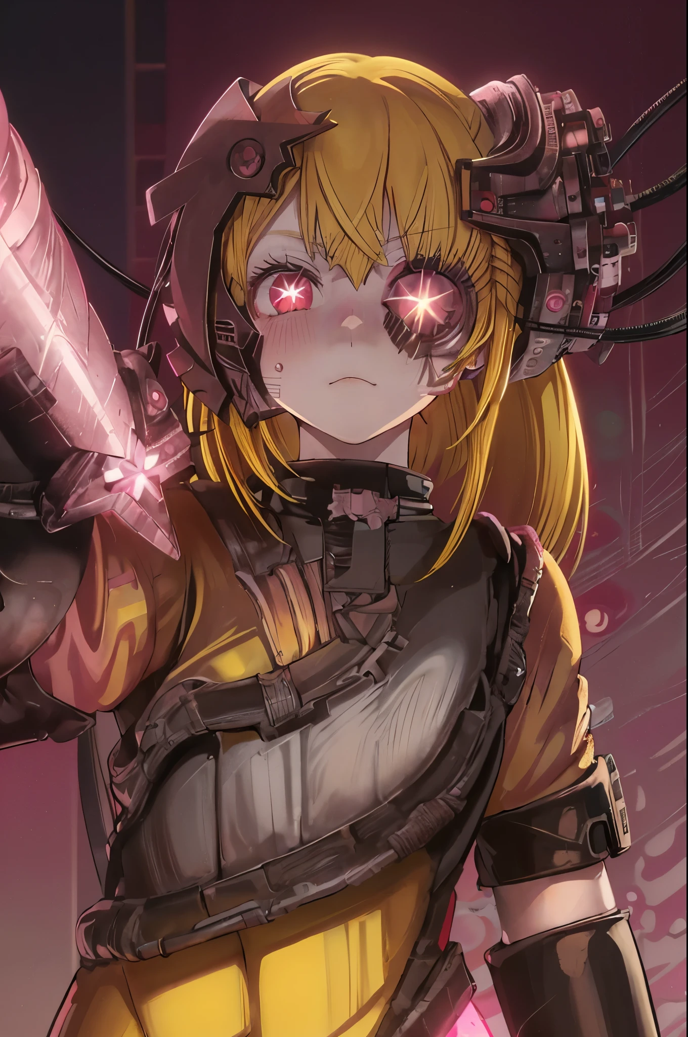 ruby hoshino, (yellow hair:1.5), long hair, one side up, (pink eyes:1.5), sidelocks, (star-shaped pupils:1.5), (symbol-shaped pupils:1.5), (mismatched pupils:1.5), borg cyborg bald gray skin veins metal armor cable eyepatch deadpan expression