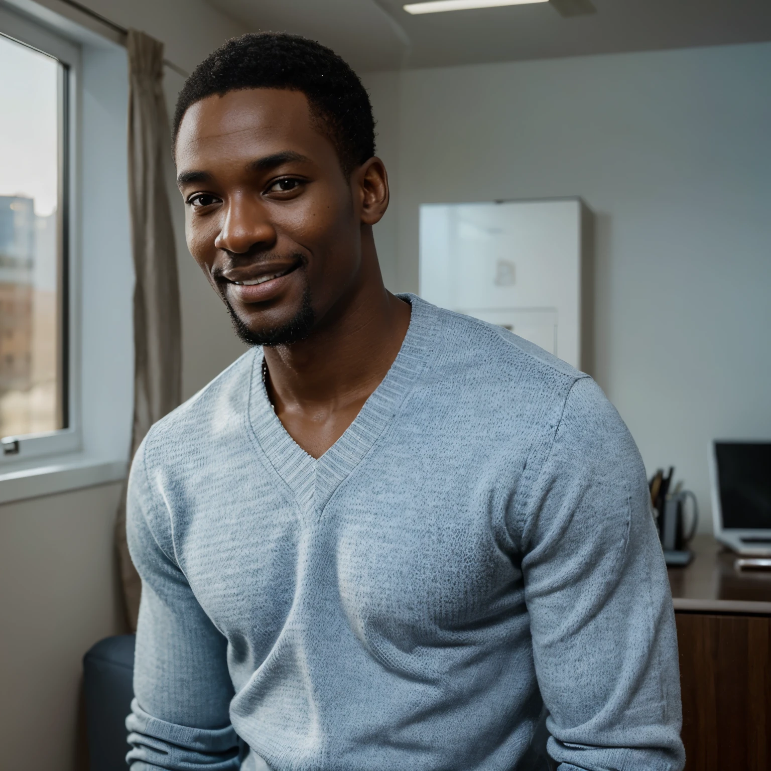 A tall African man, middle age, a little far away from the camera. He has very low cut but even and well trimmed hair and dark skin. He smiles gently. He dresses as an office executive, wearing a collared, plaid shirt in light blue and white, with a dark grey, buttoned sweater over it. The background is nondescript and pale, giving no additional context about the location. The lighting is even, suggesting an indoor setting with artificial light