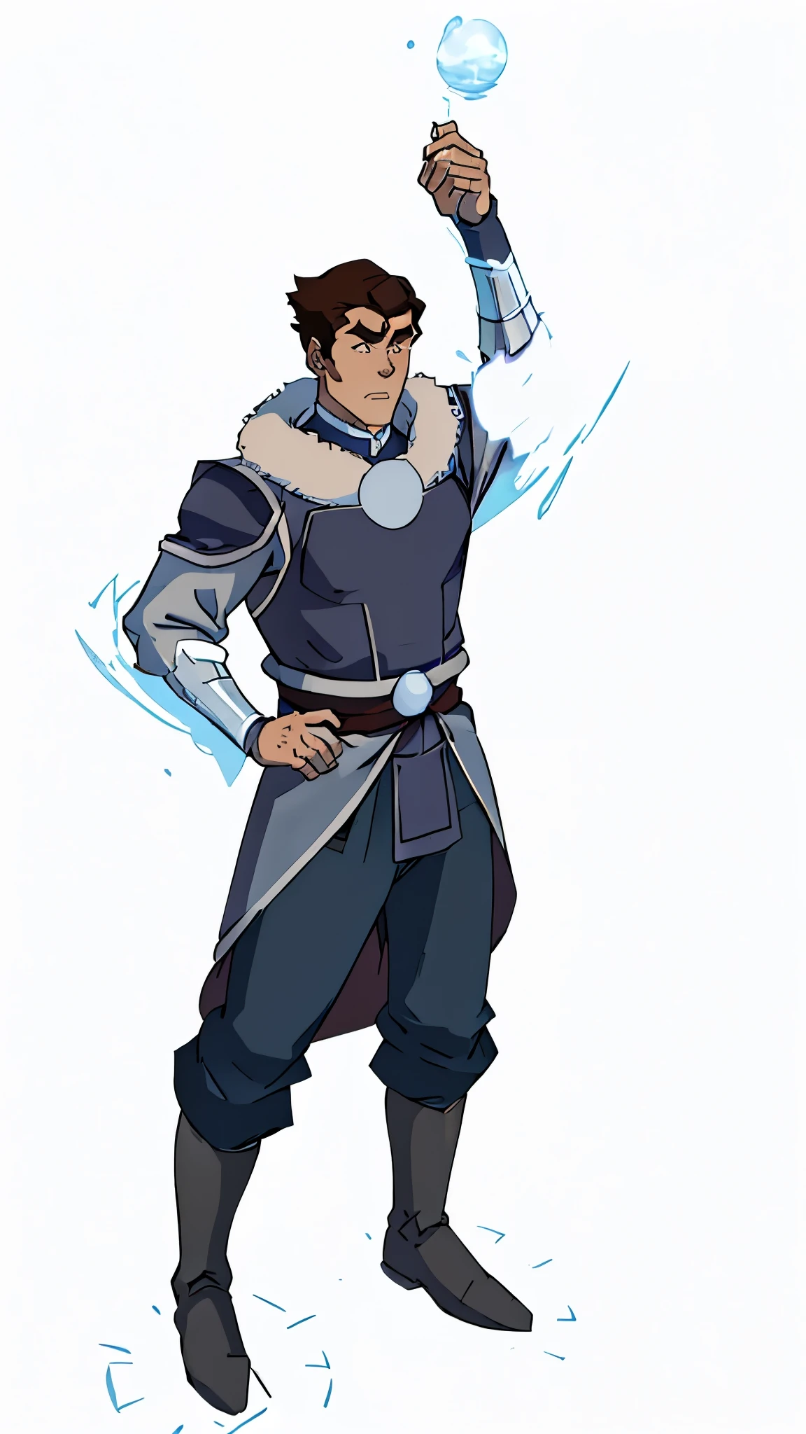 Bolin, traditional water tribe armor, outfit, long sleeve, fur around the collars and shoulders , outfit, A deep blue uniform cloth cloak decorated with white fur

A purple uniform cloth coat with blue long sleeves

A deep blue uniform cloth pants

A pair of dark grey leather arm bands with brown border

A dark grey leather choker with buttons

A purple uniform cloth girdle