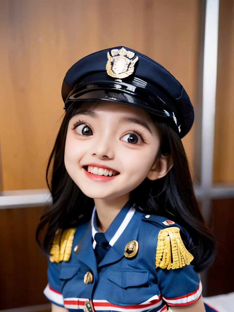 Cute busty  girl with big eyes, large head,  wearing a cute police uniform with large eyes and big head tiny body laughing 
