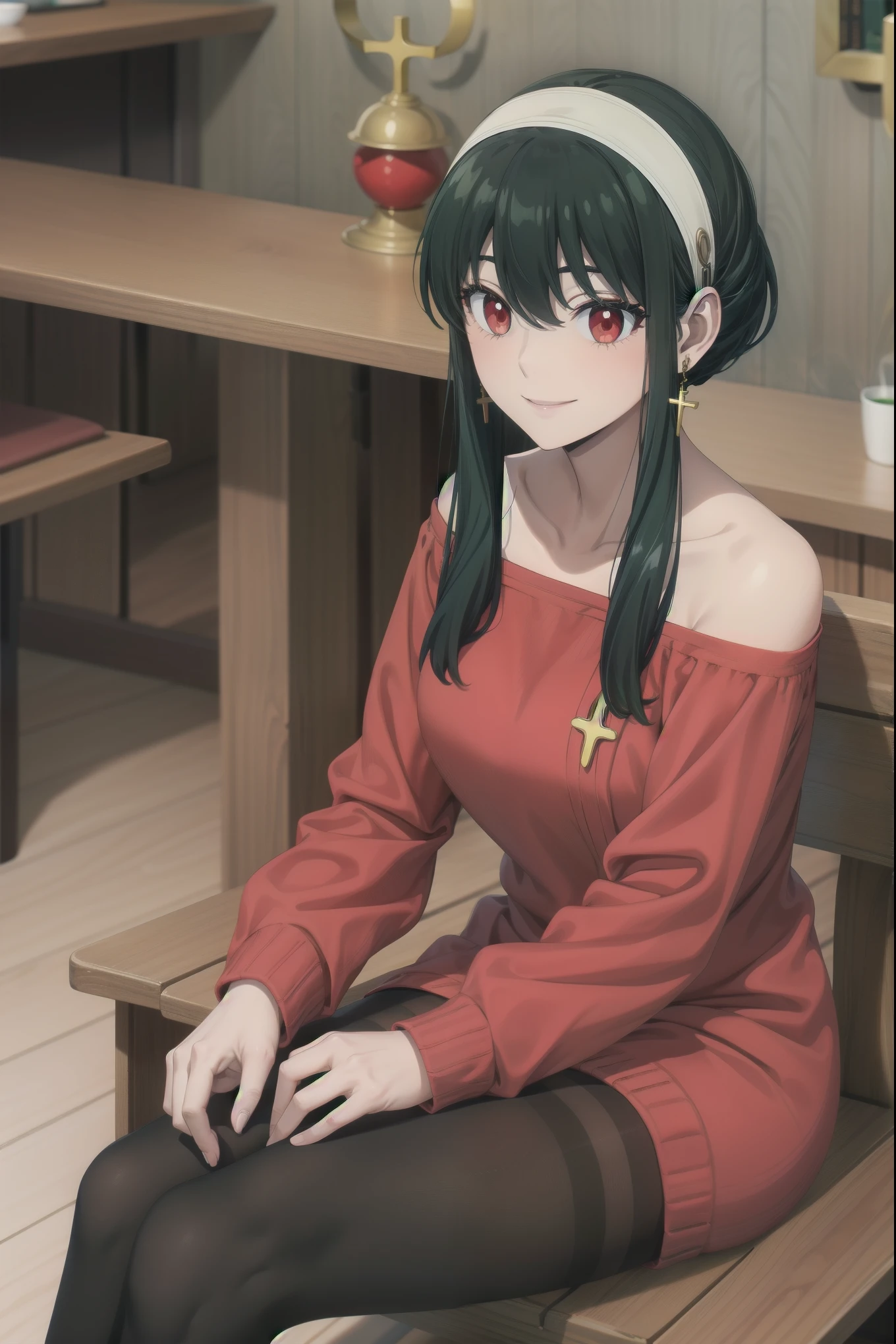 master piece, best quality, 8k, ultra high resolution, highest quality, best writing, beautiful face, (extreme close up:1.1), (Black-green hair:1.3), Long-haired shorthair、white hair band、red eyes、gold earrings、gem、off shoulder、red sweater、sweater dress、long sleeve、black pantyhose、indoor、sit on a chair、(cross your legs:1.3), smile