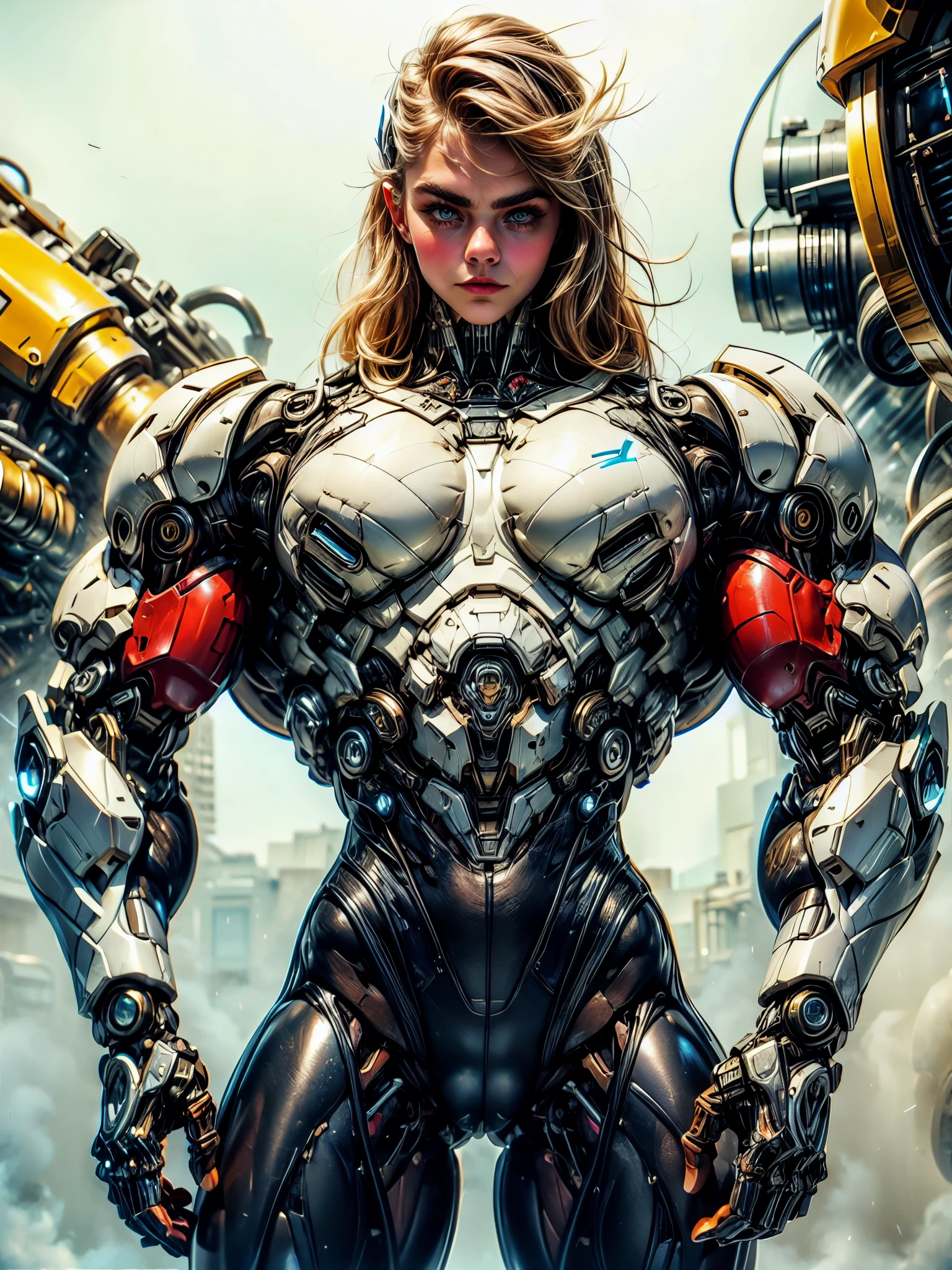 (1 girl), (cara delevingne), (muscular bodybuilder android girl wearing a tight cybernetic bodysuit :1.45), (long hair), (muscular cybernetic bodysuit), (huge oversized arms:1.25), blank background