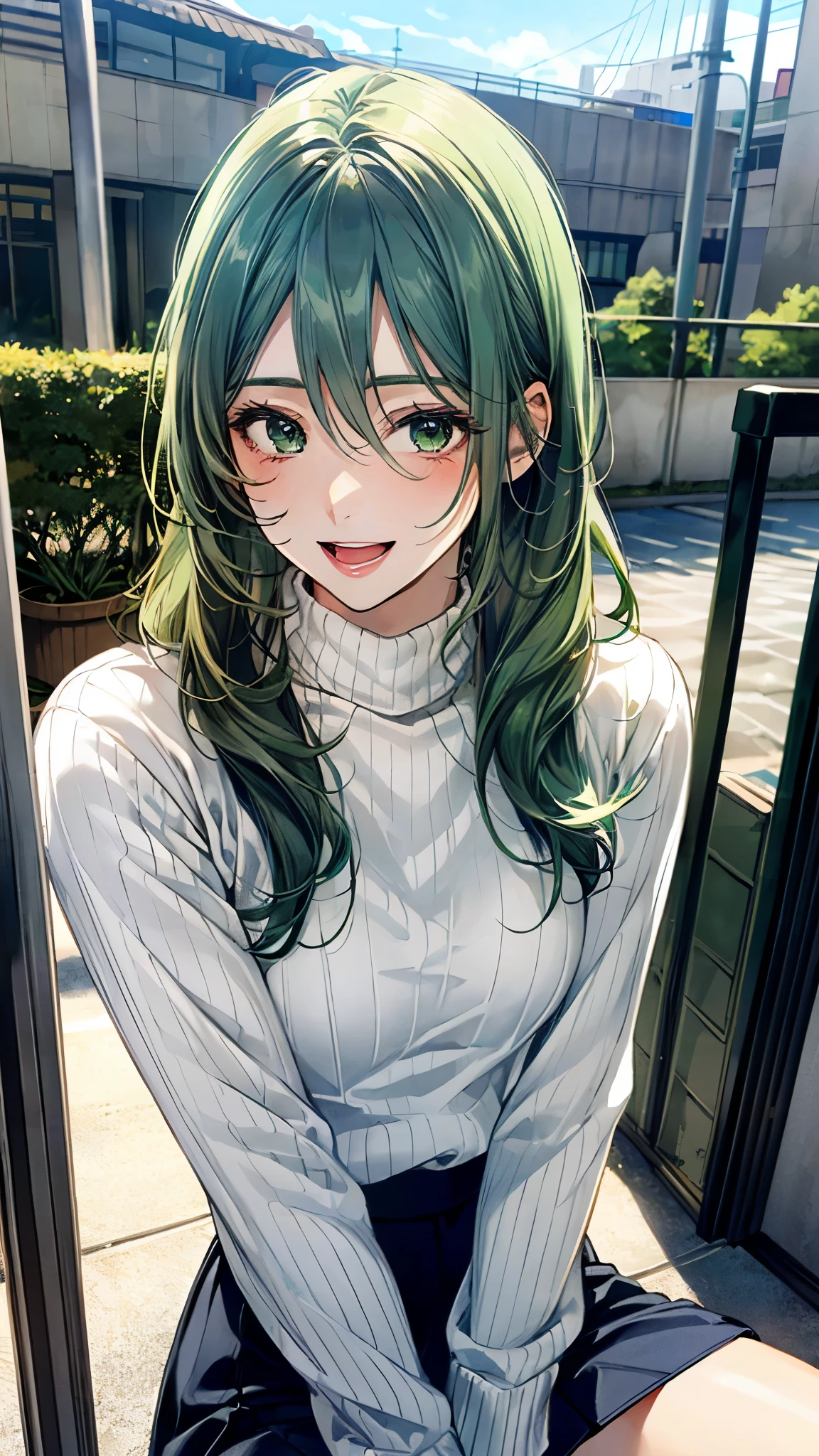 (masterpiece:1.3, top-quality), (realistic, photorealistic:1.4), beautiful illustration, (natural side lighting, movie lighting), depth of fields,
looking at viewer, (face focus, upper body), 1 girl, japanese, (idol), high school girl, perfect face, cute and symmetrical face, shiny skin,
(long hair:1.7, straight hair:1.4, light green hair), hair between eyes, emerald green eyes, long eye lasher, (large breasts: 0.9),
beautiful hair, beautiful face, beautiful detailed eyes, beautiful clavicle, beautiful body, beautiful chest, beautiful thigh, beautiful legs, beautiful fingers,
((long sleeve white turtleneck sweater, high-waisted skirt)), ,
(beautiful scenery), evening, (terrace), sitting pose, hands between legs, (lovely smile, upper eyes, open mouth small),