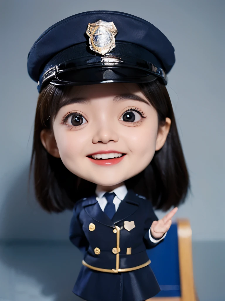 Cute busty  girl with big eyes, large head,  wearing a cute police uniform with large eyes and big head tiny body laughing 