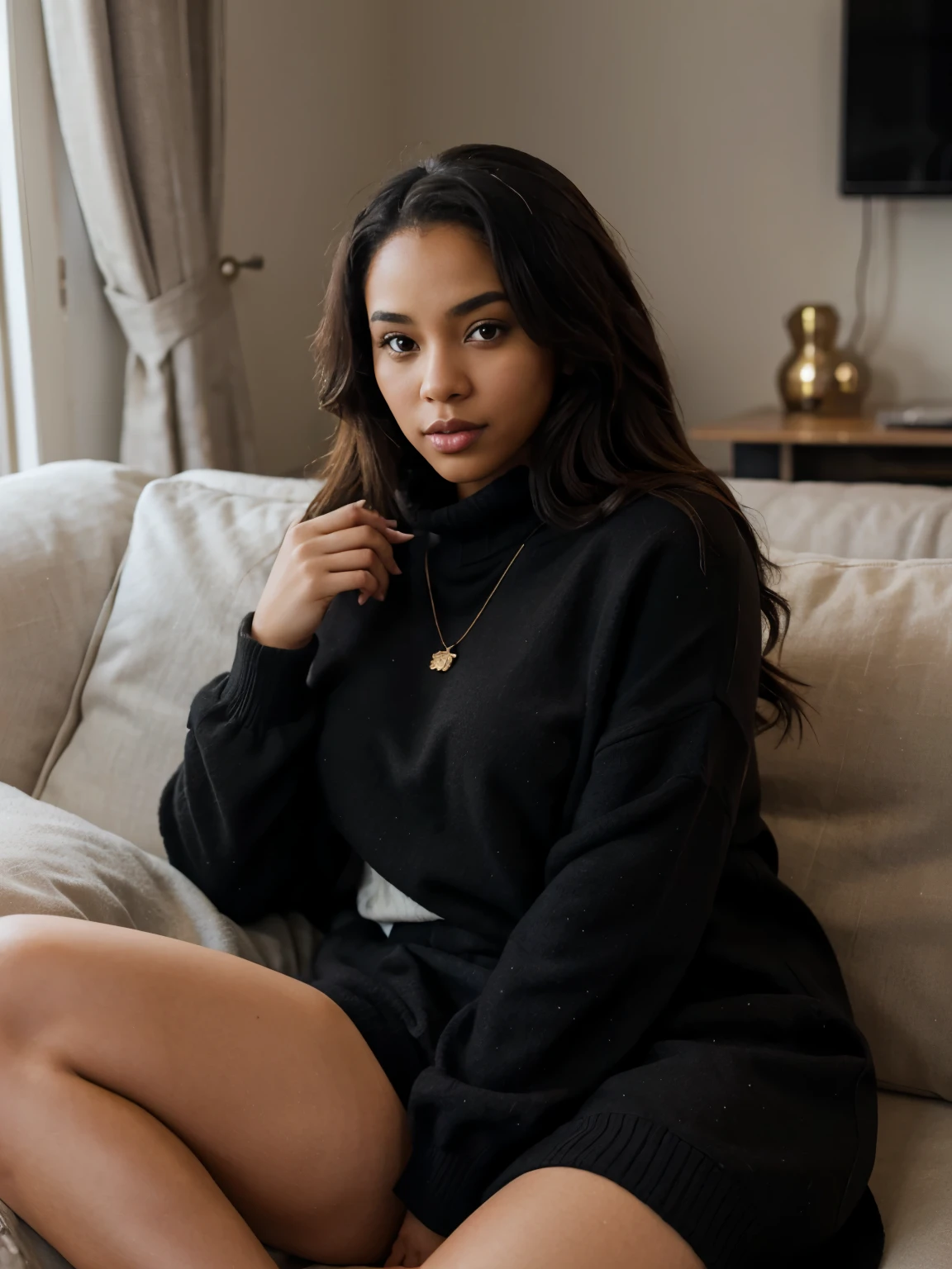 Mixed black ethnicity, curve girl , wearing cozy outfit , on sofa