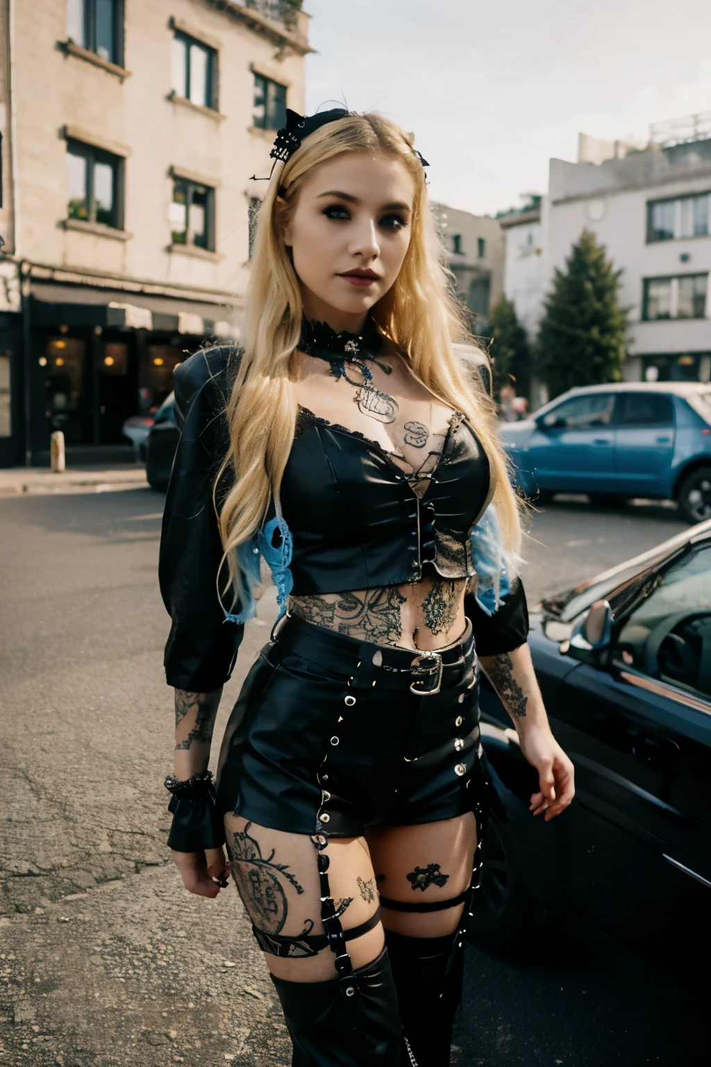 Gorgeous blonde girl, gothic style, tattooed, with piercing, blue eyes, in rocker outfit, in the background an open air, example on a parking place.