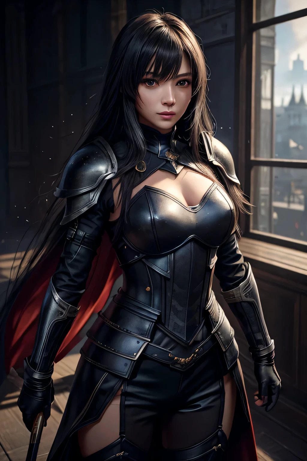 Por favor, create a digital illustration of a girl in fantasy RPG armor. The armor should be detailed and have a somewhat demonic design. The girl must be standing, em uma pose heroica, com a armadura cobrindo todo o corpo. Your facial expression should convey determination and confidence. Por favor, incluindo elementos como chifres curvados, asas escuras e detalhes intrincados na armadura. Make sure the illustration is colorful and demonic tones are present in the color palette. The background scene can be a fantastic environment, like a mystical battlefield or a hellish realm, para complementar o tema. The goal is to create a captivating and powerful image that represents this demonic warrior in all her splendor...."