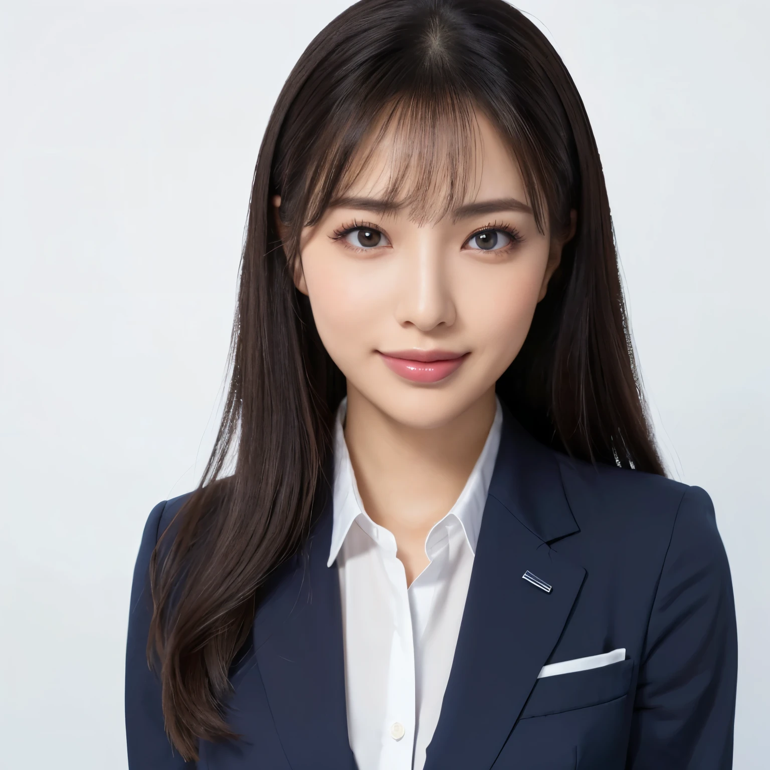(highest quality、table top、8k、best image quality、Award-winning work)、1 beautiful woman、(straight medium hair:1.1)、(wearing a dark navy business suit:1.3)、(perfect and precise business suit:1.3)、(The most natural and accurate office suit:1.3)、(polyester shirt:1.3)、look at me and smile、very big breasts、emphasize body line、(Enlarged view of face 1.2)、(A woman perfectly positioned in the center of the screen:1.1)、(Fix the composition in front:1.3)、elegant makeup、Ultra high definition beauty face、ultra high definition hair、Super high-definition sparkling eyes、Super high resolution glossy lips、accurate anatomy、very beautiful skin、Super high-definition glowing beautiful skin、(solid blue background:1.2)、(The most elegant and perfect upright posture:1.2)、(most formal photos:1.1)