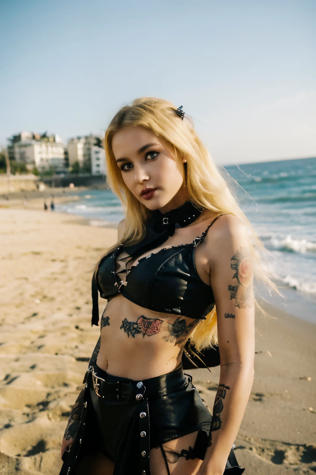 "Gorgeous blonde girl, gothic style, tattooed, with piercing, blue eyes, in rocker outfit, in the background an open air, for example a beach.