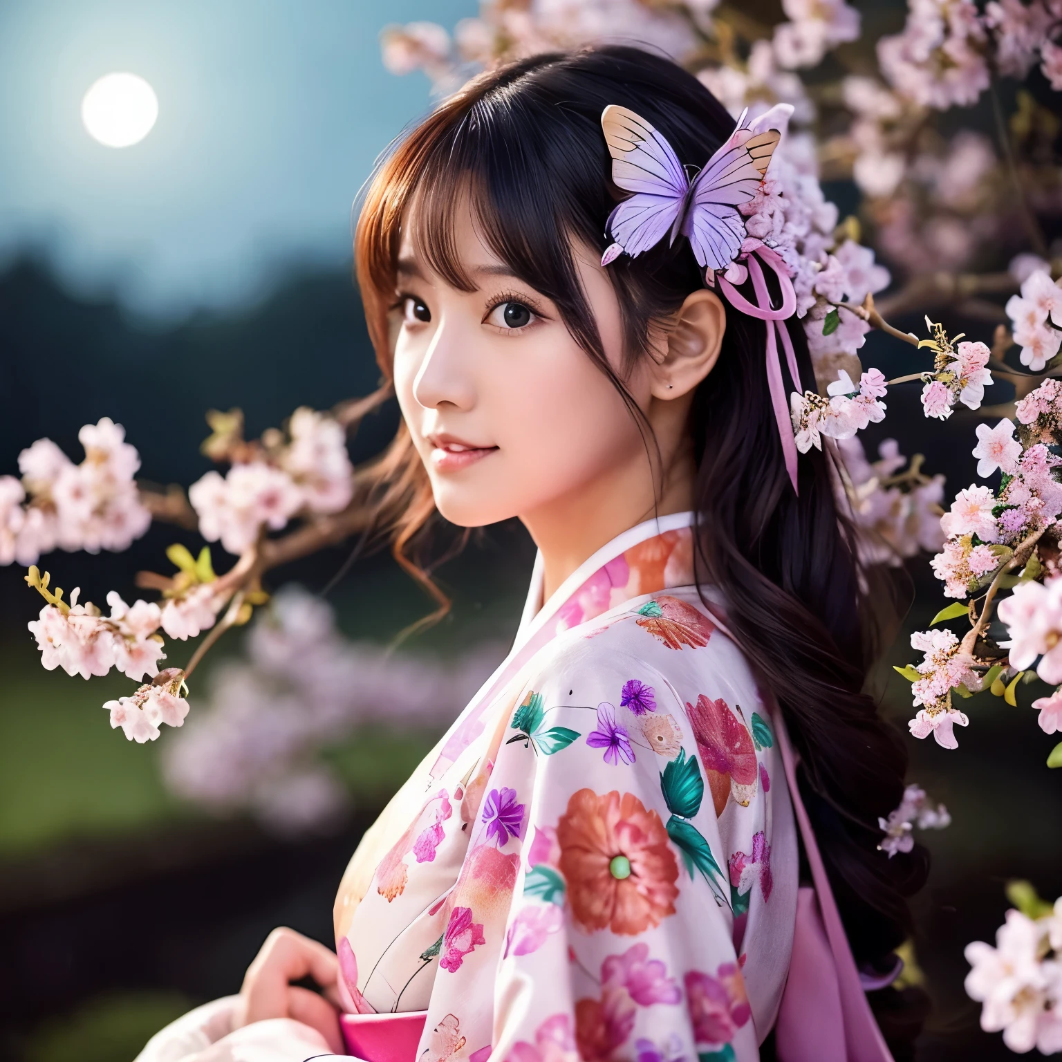 Beauty、beautiful woman、butterfly々hair ornament、night、full moon、full moon、cherry blossoms、cherry blossoms柄、kimono、Japanese clothing、kimono、beautiful、butterfly々、butterflyが沢山、beautiful、Sparkling、pink、purple、long hair、fantasy、cherry blossoms、pink、purple、Severe、beautiful、cute
