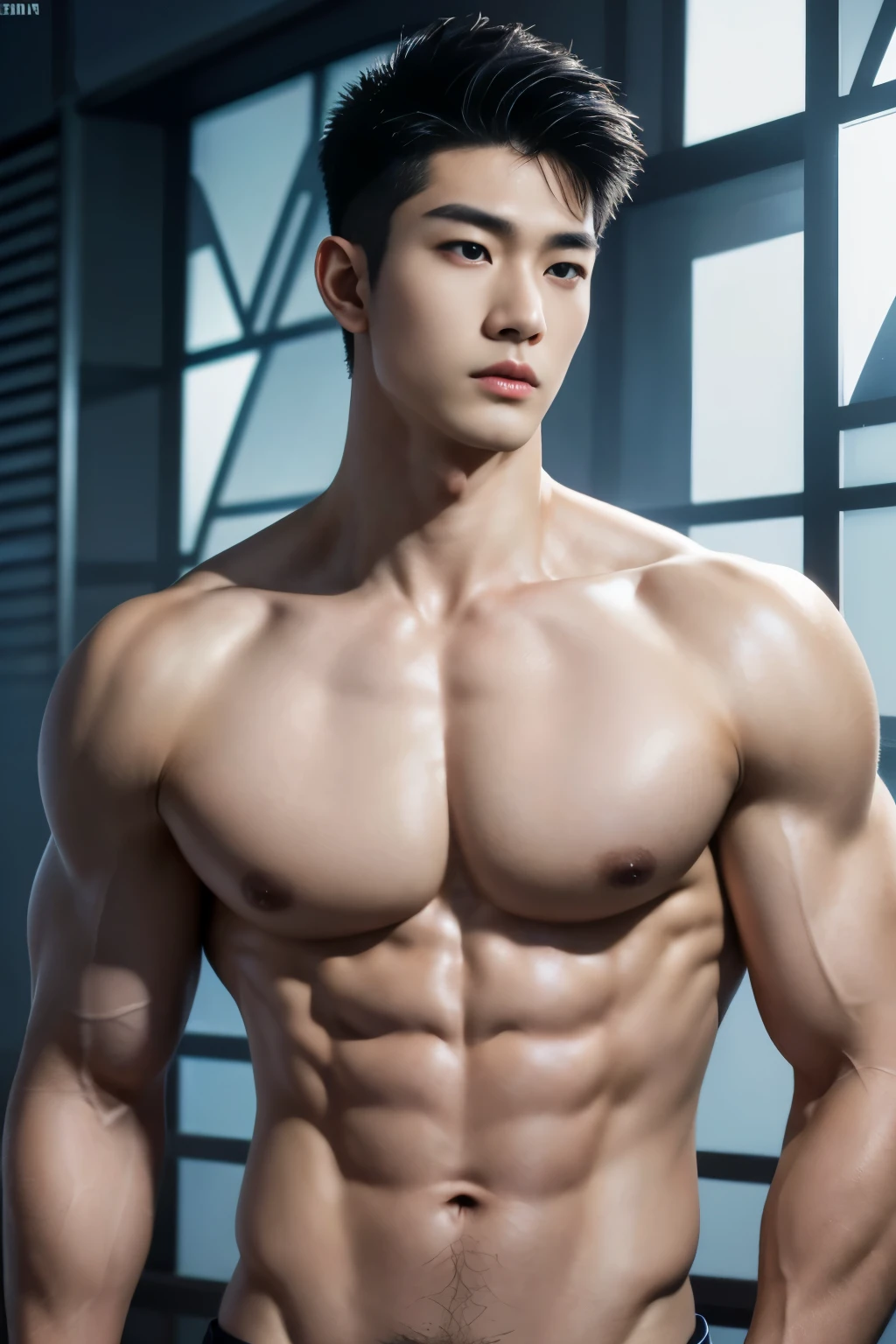 Mind control, hypnotic spiral, (masterpiece, ultra quality, high resolution, 8k, intricate: 1.2), (detailed face:1.2), handsome, Young Korean man, white skin, double eyelids, detailed skin, 1boy, ((realistic)), abs, good lighting quality, muscle veins, ((pale skin)), side view, lust face, (hypnotic), (viewer pop:1.3), full body shot,