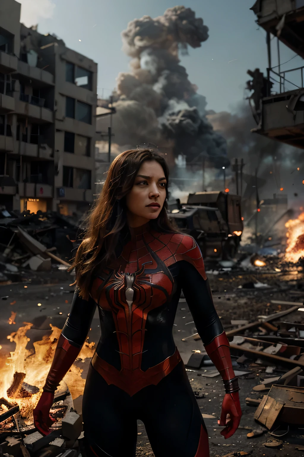 Create an image with advanced image quality and resolution, featuring super detailed depiction of a woman wearing a Spider-Man-inspired outfit. Position her at the center of the composition, with a war-torn backdrop engulfed in flames. Ensure the portrayal of the intricacies of the costume, capturing textures and unique features. The fiery war scene should be realistically rendered, incorporating elements such as smoke, debris, and dramatic lighting effects. This image is intended to convey a powerful and visually engaging scene, combining the strength of the female Spider-Man attire with the urgency and chaos of the war setting.