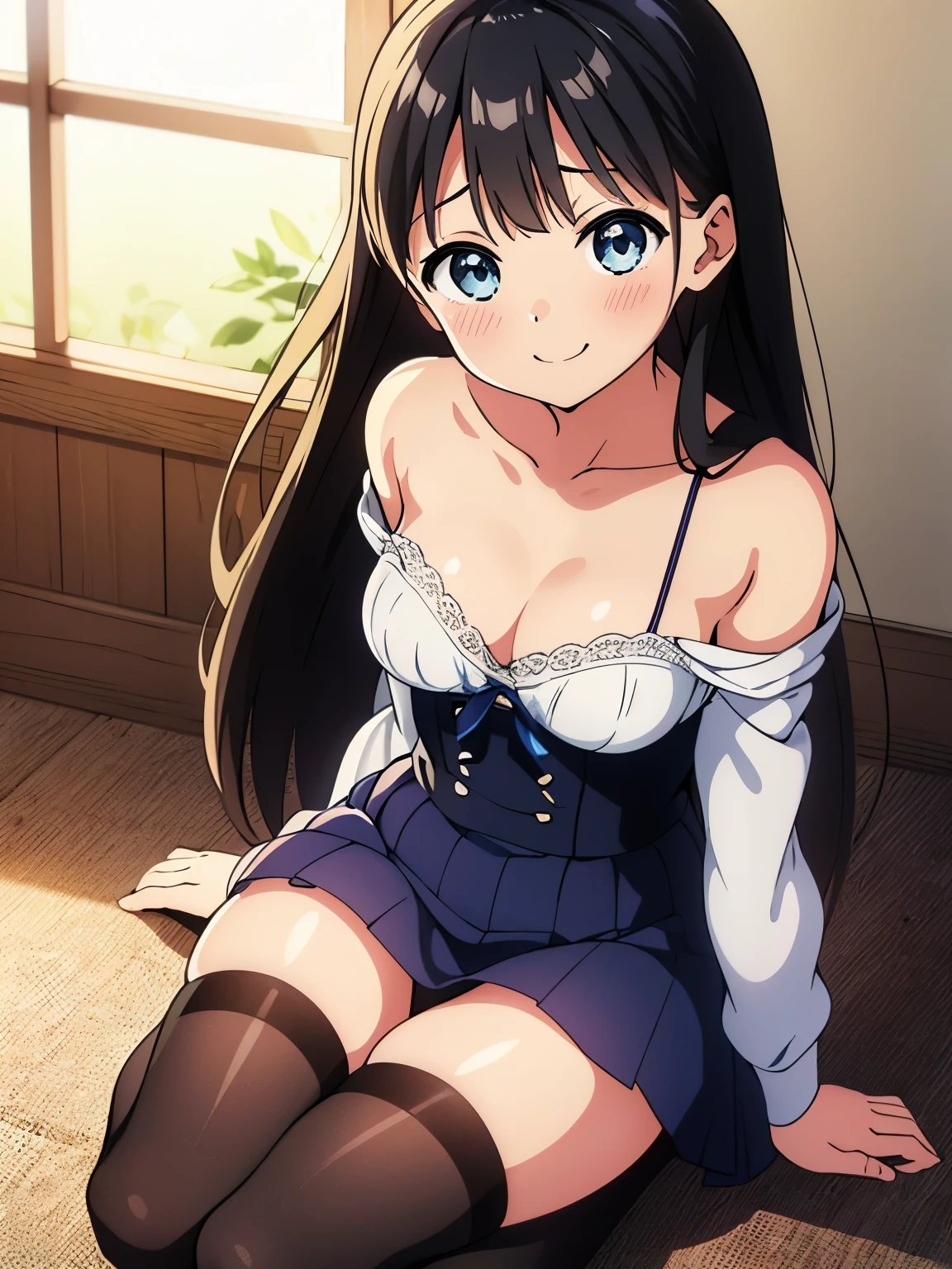 anime - style image of a woman in a white bra top and panties, seductive anime girl, marin kitagawa fanart, makoto shinka, rin, small curvy , anime best girl, sexy pose, smooth anime cg art, asuka suit under clothes!, cushart krenz key art feminine, ayaka genshin impact, zerochan art, white panties,cameltoe,full body,white pantyhose,squatting,pantyshot,å©•ä¸,1girl,star earrings,solo,blonde hair,braid,medium hair,bangs,bright pupils,brown eyes,hair between eyes,white pupils,
metal collar,neck ribbon,white shirt,black ribbon,center frills,corset dress,blue dress,long sleeves,frilled skirt,medium breasts,collarbone,smile, blush,
mary janes,outdoors,grass,wind,wind lift,falling leaves,, Exquisite visuals, high-definition,masterpiece,best quality,, 18yo,Young female,Beautiful Fingers,Beautiful long legs,Beautiful body,Beautiful Nose,Beautiful character design, perfect eyes, perfect face,expressive eyes,
official art,extremely detailed CG unity 8k wallpaper, perfect lighting,Colorful, Bright_Front_face_Lighting,shiny skin, 
(masterpiece:1.0),(best_quality:1.0), ultra high res,4K,ultra-detailed, (One lady)、(​masterpiece)、(best qualtiy)、(ultra-detailliert)、(a high chroma)、(CG Illustration)、((Full Angle))、Female, 20 years old、Delicate beautiful face、(red blush)、(Wavy long hair、Dark blonde hair)、(dishevled hair)、((Shoulder top))、See-through clothes:1.3、((Black stockings))、(Pink Lace Panties)、(Dark blue pleated skirt)、(teats)、breasts of medium size,、((turned around))、(Woman sitting on the floor)、The best lighting、simple background
photography, 8K, HDR, highres, absurdres:1.2, Kodak portra 400, film grain, blurry background, bokeh:1.2, lens flare, (vibrant_color:1.2), (beautiful_face:1.5),(narrow_waist), ,NSFW,great masterpiece、Super delicate、young 15 year old girl, 1girl in、black and Red lingerie、breasts、all-fours、to close range、proximity、Kamimei、Looking back at me、red blush、Embarrassing、Troubled face、Slightly open mouth、on her knees and hands on bed like a dog with her h