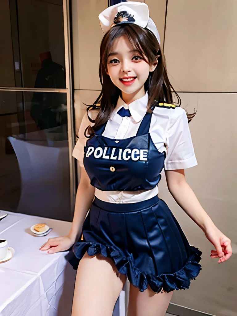 ((highest quality、Best image quality、Ultra-high resolution、Ultra high definition drawings、alone、Look closely at the camera、Light-colored eyes))、(1 girl:1.9)、(ponytail),(Blue police hat: 1.7),(smile: 1.4),(shirt: 1.9), (Not wearing panties:1.6),( Pussy: 1.8), Inner thighs、Slim figure、17 years old、(on stage:1.6)