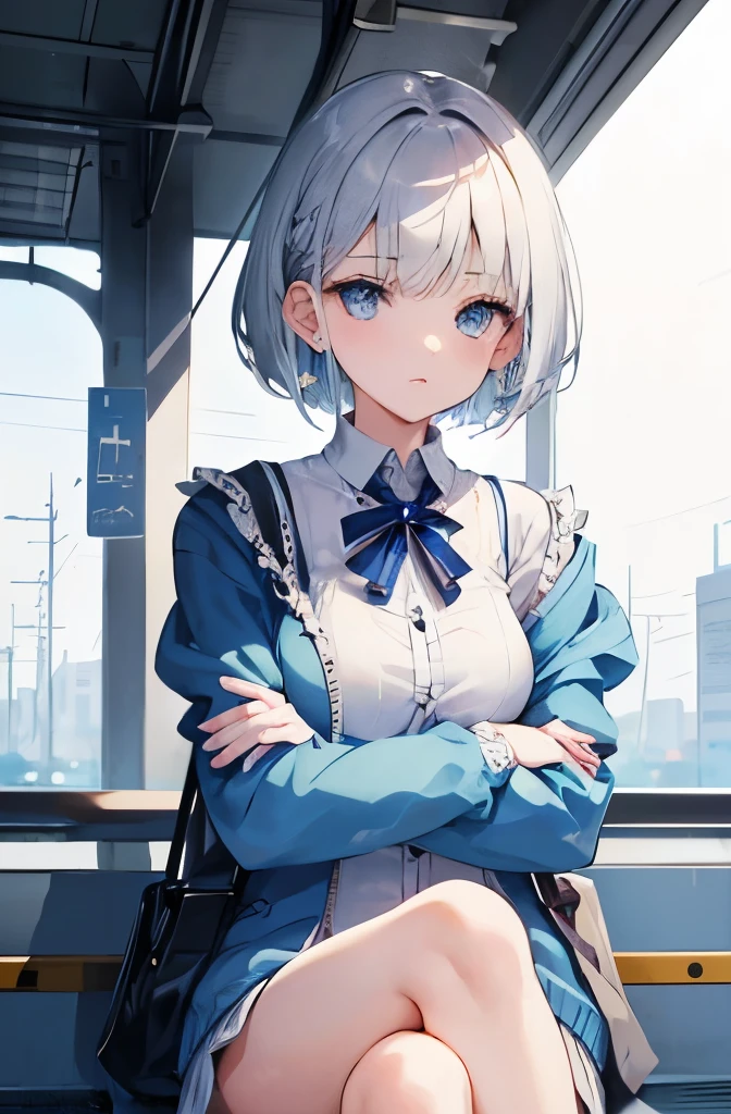 8K, highest quality, masterpiece, super detailed、silver hair、short hair、medium breasts、、full lips、 best quality、、pale blue eyes、put your hands behind your back、lipstick、cute personal clothes、Train Station、has a small pouch、looking away、 ear cuffs、 Crossed Arms、 blue cardigan、Sitting