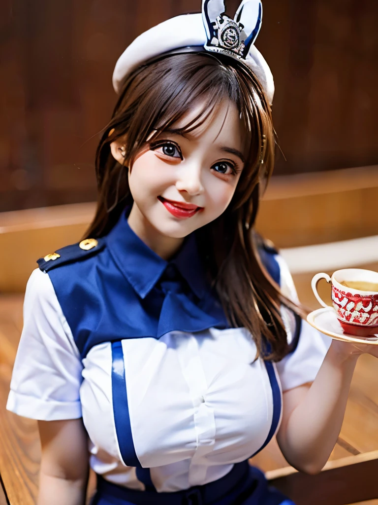 Hyper realistic photo, Cute busty girl with big eyes, large head, as a Playboy model wearing a cute police uniform with large eyes and big head tiny body laughing at a tea party
