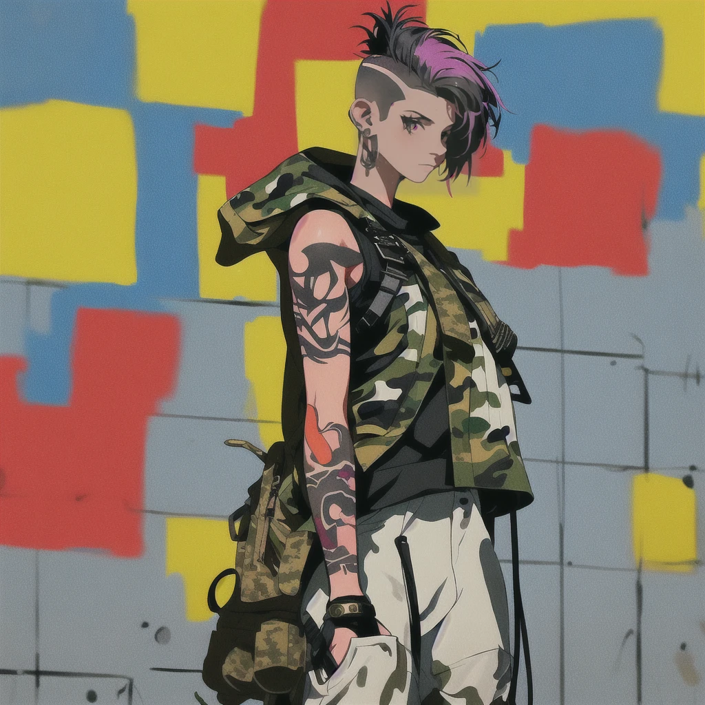 Cyberpunk style, A military woman (realistic face, realistic hands) with short colorfull hair (short fringe, shaved at the ears on the sides) , adorned in a shoulderless white top and long camo cargo pants that are tightly fitted to her athletic figure, military yellow boots, arms are covered in a variety of tattoos, piercing on ear, plenty of colorfull graffiti on walls. A small dog, looks up at her curiously. she look at the wall and read the graffiti