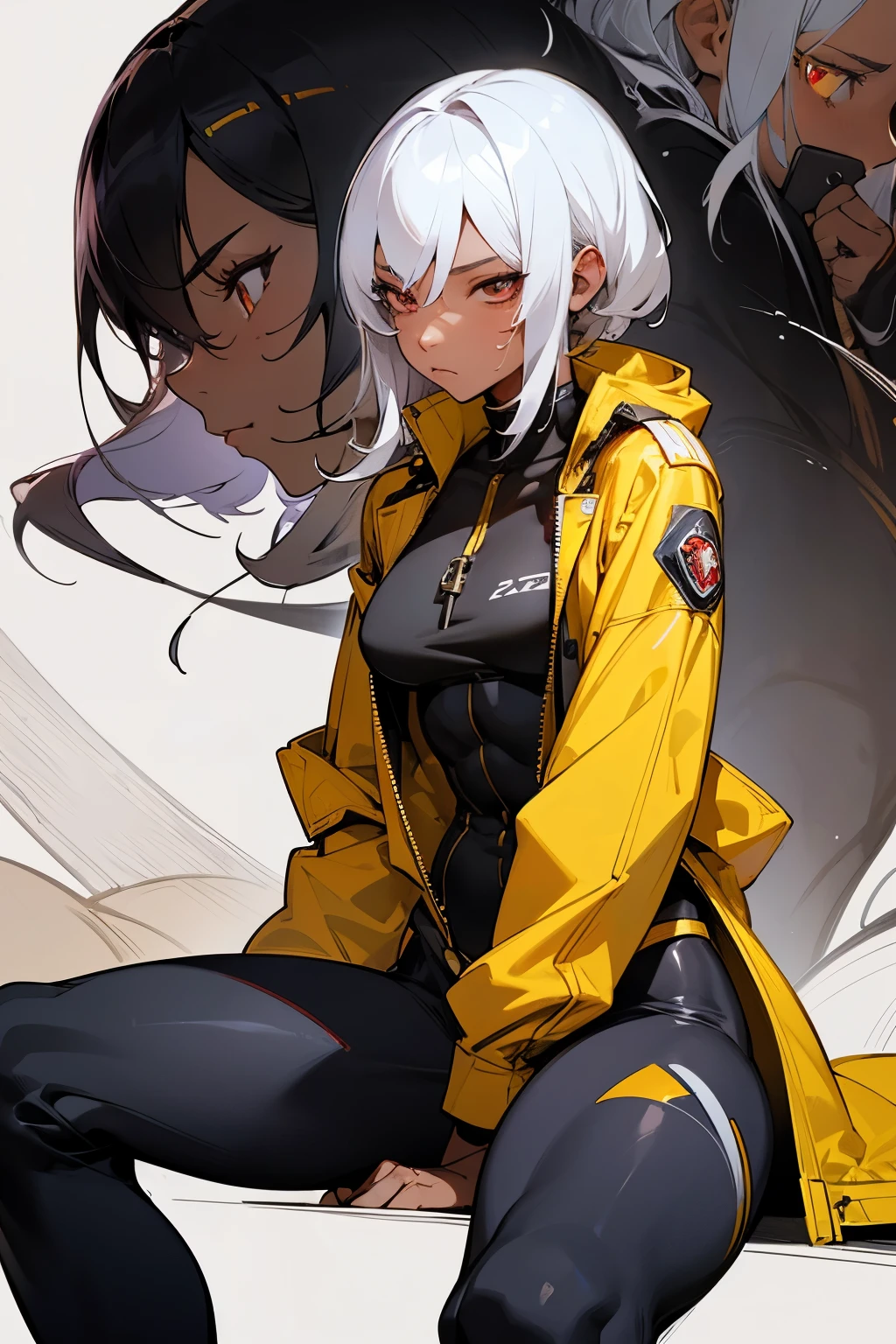 Muscular black woman in skin tight clothes, white hair, tight yellow jacket, red eyes, black cargo pant, AB Xcover, intricate pencil sketch, expressive eyes and nose and mouth, un-zoom, by Jim Lee profile centered Key visual intricate highly detailed breathtaking precise lineart vibrant panoramic cinematic, sitting, dynamic pose, white background