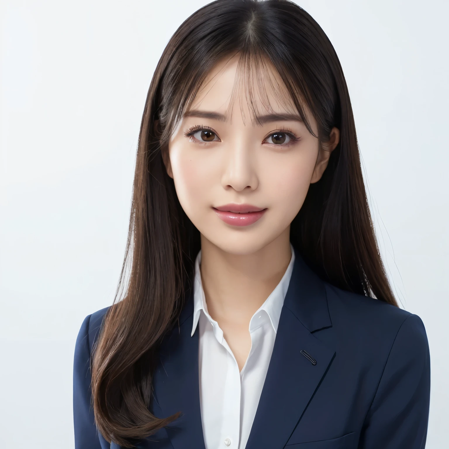 (highest quality、table top、8k、best image quality、Award-winning work)、1 beautiful woman、(straight medium hair:1.1)、(wearing a dark navy business suit:1.3)、(perfect and precise business suit:1.3)、(The most natural and accurate office suit:1.3)、(polyester shirt:1.2)、look at me and smile、(very big breasts:1.1)、(emphasize body line:1.1)、(Enlarged view of face 1.2)、(A woman perfectly positioned in the center of the screen:1.1)、(Fix the composition in front:1.3)、elegant makeup、Ultra high definition beauty face、ultra high definition hair、Super high-definition sparkling eyes、Super high resolution glossy lips、accurate anatomy、very beautiful skin、Super high-definition glowing beautiful skin、(solid blue background:1.2)、(The most elegant and perfect upright posture:1.2)、(most formal photos:1.1)