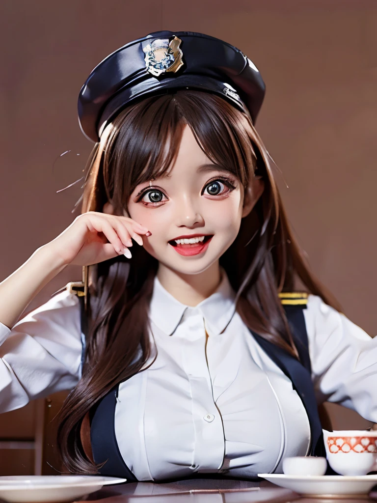 Hyper realistic photo, Cute busty girl with big eyes, large head, as a Playboy model wearing a cute police uniform with large eyes and big head tiny body laughing at a tea party