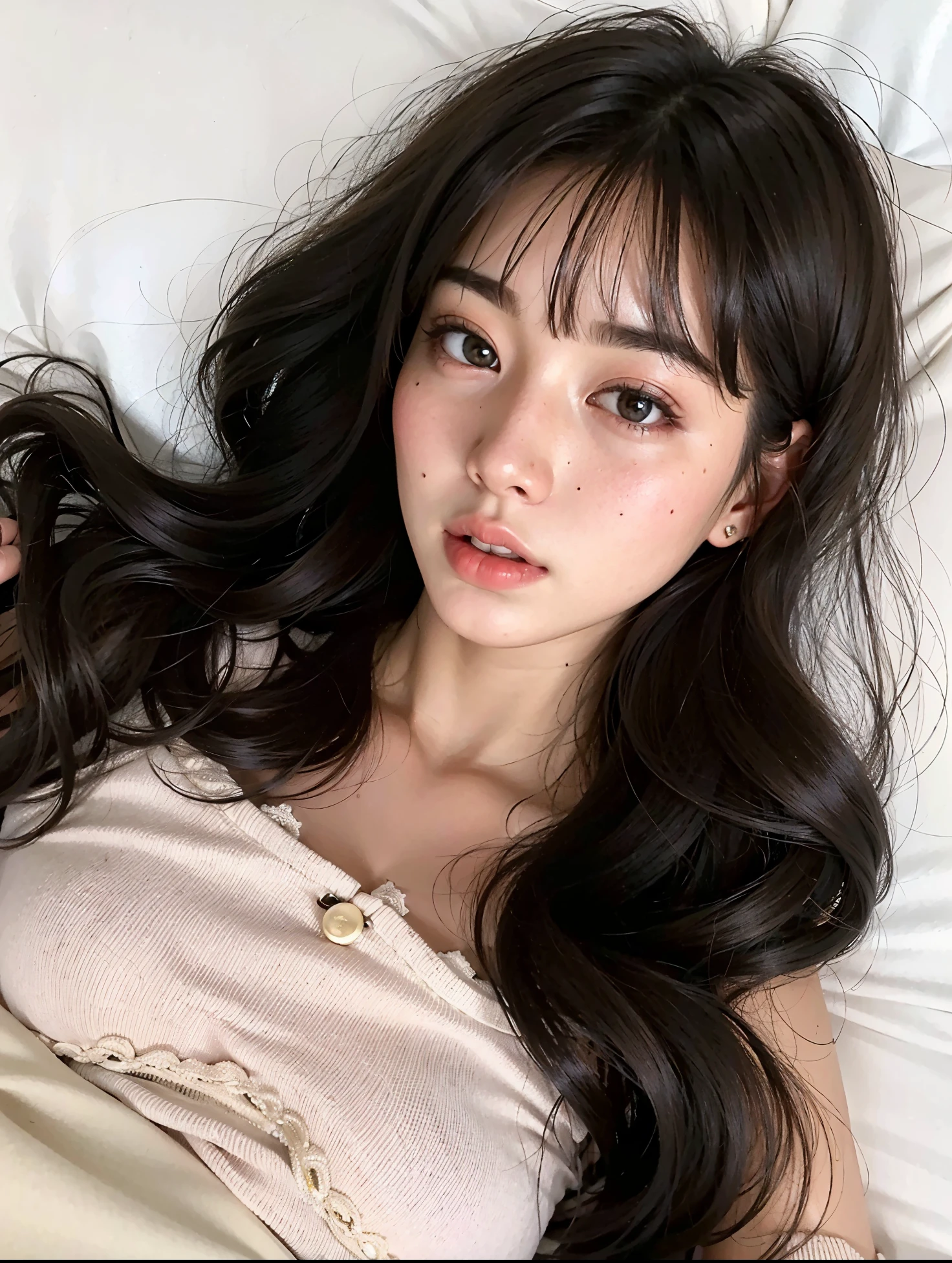 um close de uma mulher deitada na cama com um travesseiro, Ulzzang, coreana, linda mulher sul-coreana, Linda jovem coreana, young lovely korean face, Linda jovem coreana, lalisa manobal, adorable and pale korean face, maquiagem sul-coreana popular, cabelo longo com franja completa, young pale and beautiful asian face, cabelo arrumado com franja