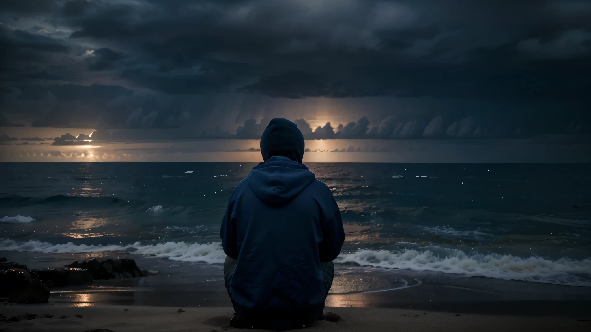 ultra Hd quality, 4k quality , a wide image of an art of a man sitting at the beach, he is wearing a dark blue hoodie, he is facing the ocean looking at the ocean while playing a guitar, his back is visible and not his face , it is a wide shot, it is evening while it gets dark with dark clouds and little drizzling.