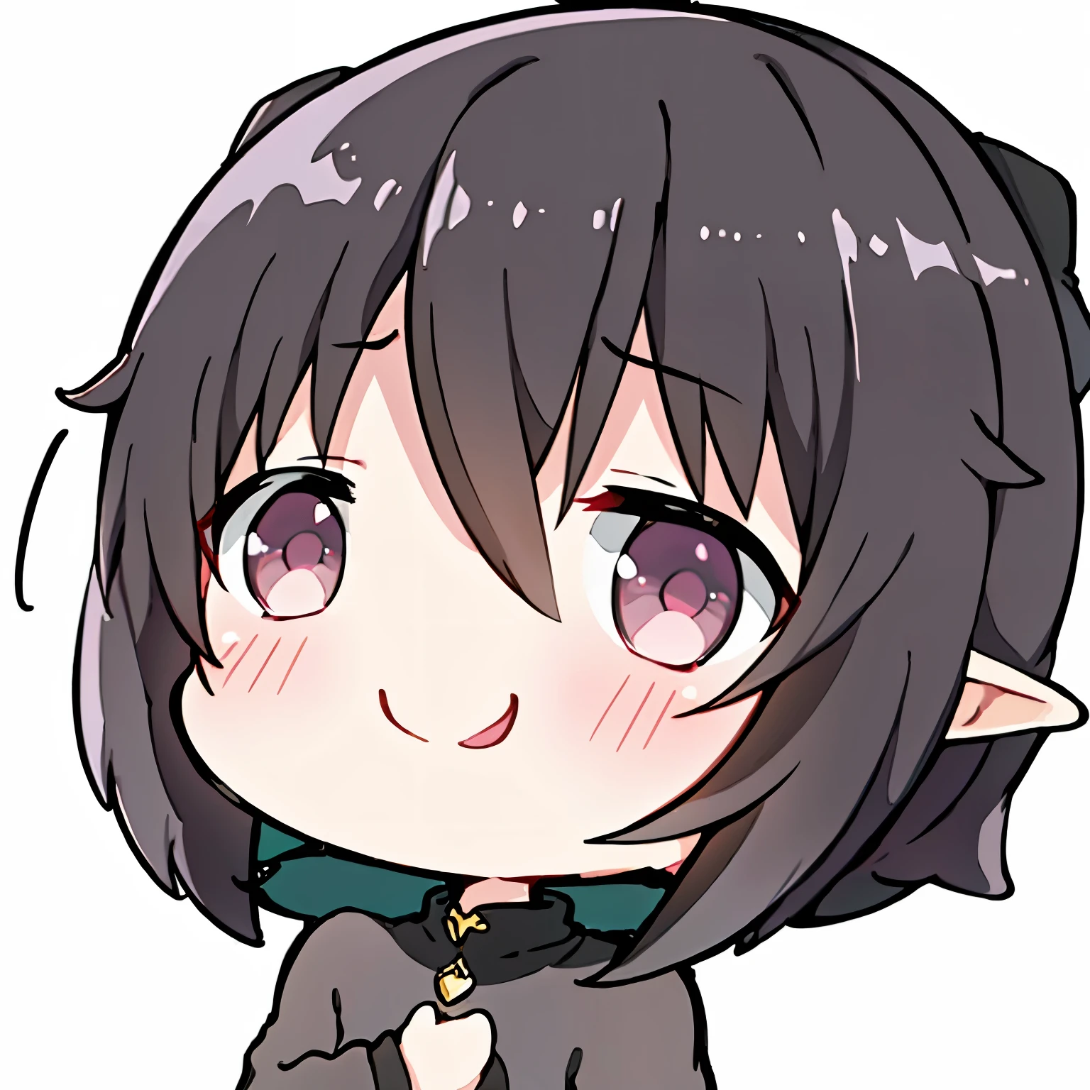 Anime character, kawaii style, male, elf, short black hair, dark brown eyes, sweet smile, wearing black sweatshirt jacket, just face and chest. White background, 1080 x 1080 resolution.