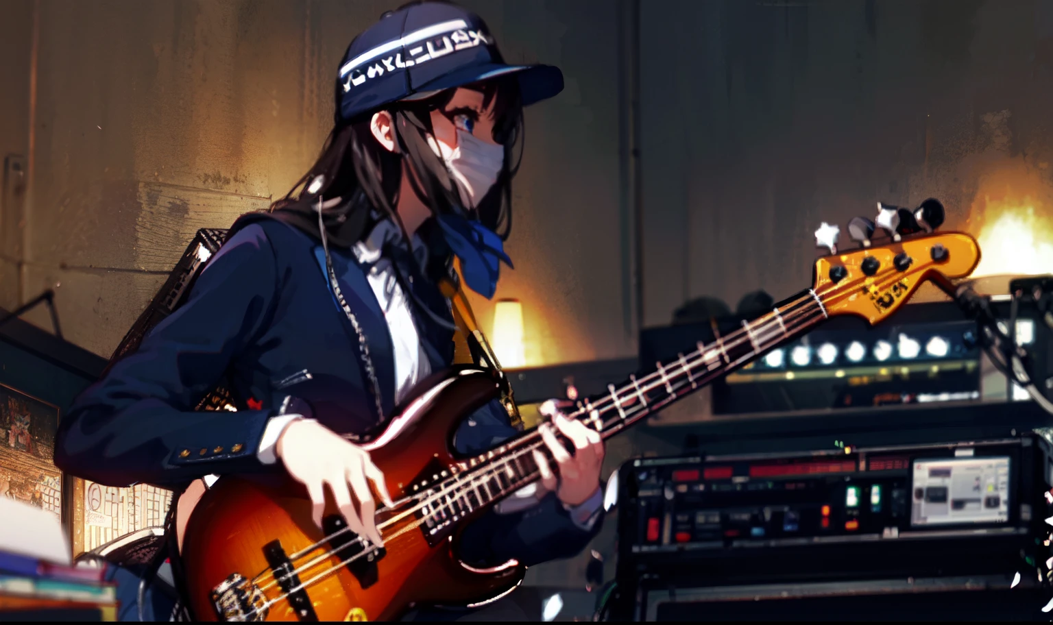 Mio Akiyama in a maid outfit playing a Fender Jazz bass
