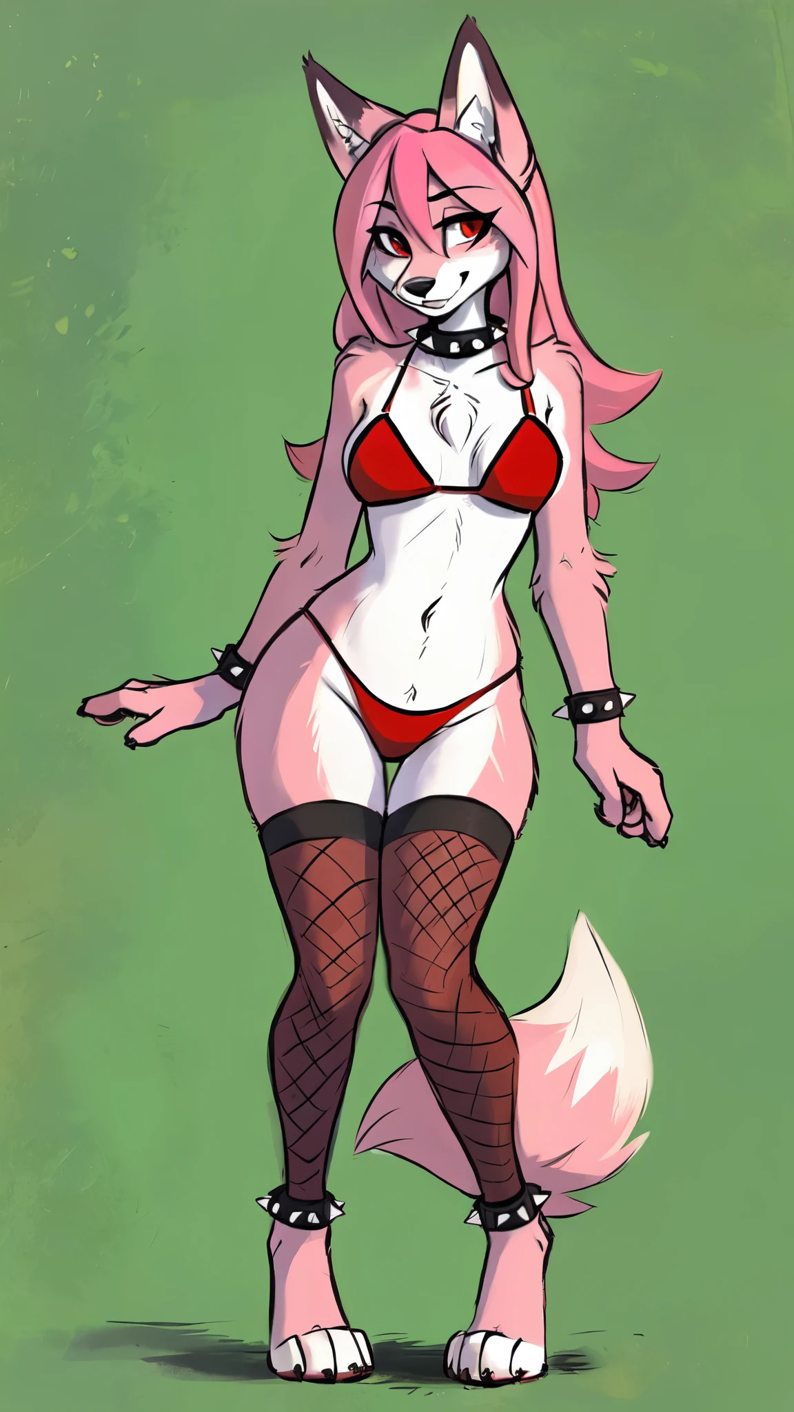By fluff-kevlar, by kilinah, by kenket, by Zackary91, by fluff-kevlar, Furry, Nazuna_hiwatashi, Anthro, Female, Solo, standing, Mocking Look, (half-closed eyes), Pink Hair, Pink Tail, (red bikini, Fishnet stockings, spiked collar, spiked wristband), (red eyes), looking at the viewer, (medium breasts, hips), (fox), (pink fur, two-tone fur), (greenscreen, green background, flat green background), full body, paw feet, bent over, (solo)