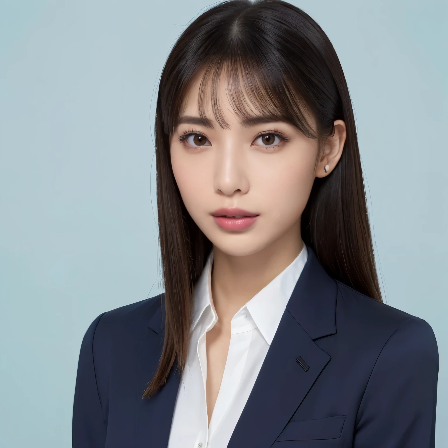 (highest quality、table top、8k、best image quality、Award-winning work)、1 beautiful woman、(straight medium hair:1.1)、(wearing a dark navy business suit:1.3)、(perfect and precise business suit:1.3)、(The most natural and accurate office suit:1.3)、(polyester shirt:1.3)、(Look at me with sexual excitement:1.1)、(very big breasts:1.1)、(emphasize body line:1.1)、(Enlarged view of face 1.2)、(A woman perfectly positioned in the center of the screen:1.1)、(Fix the composition in front:1.3)、elegant makeup、Ultra high definition beauty face、ultra high definition hair、Super high-definition sparkling eyes、Super high resolution glossy lips、accurate anatomy、very beautiful skin、Super high-definition glowing beautiful skin、(solid blue background:1.3)、(The most elegant and perfect upright posture:1.2)、(most formal photos:1.1)